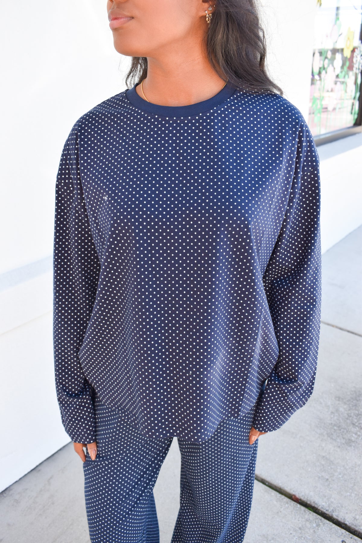 Navy Blue Polka Dot Loungewear Long Sleeve Top