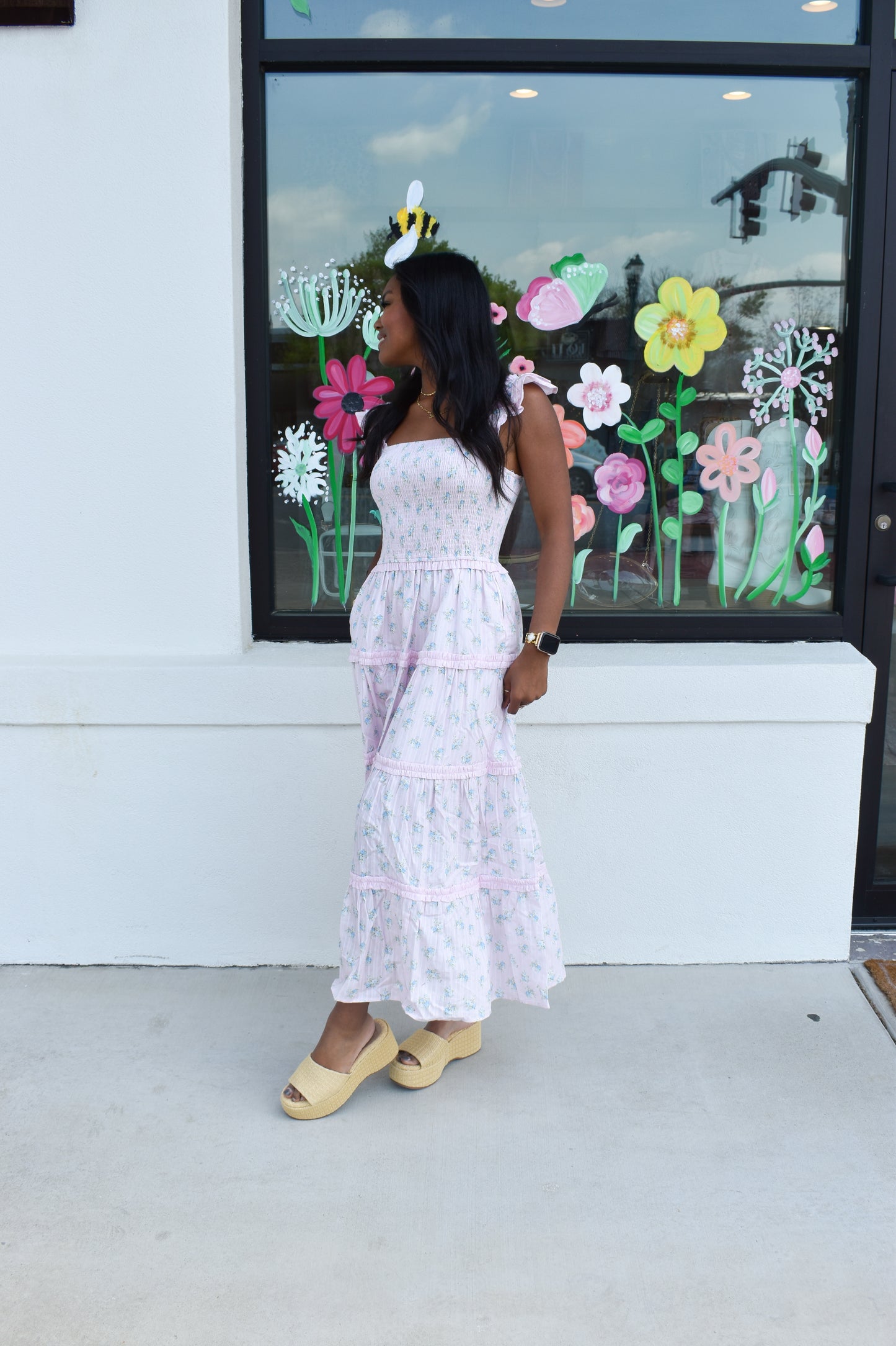 Ditsy Flower Smocked Dress: Pink/Blue