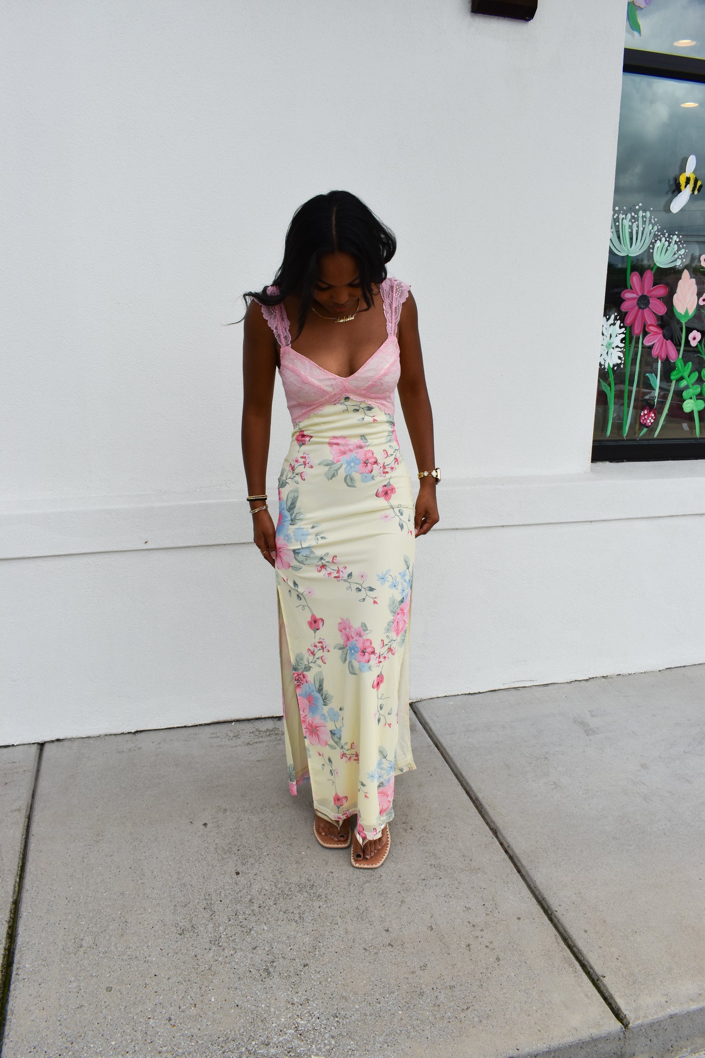 Mesh Floral Print Lace Detail Side Slit Maxi Dress