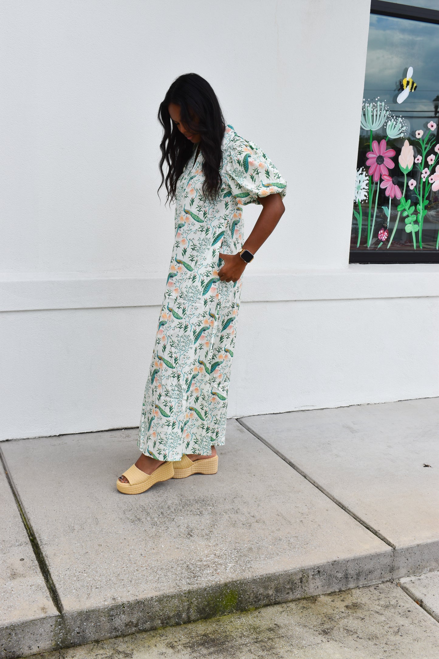 Peacock Print Puff Sleeve Midi Dress