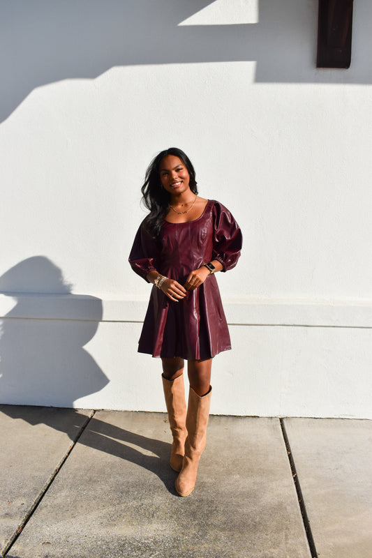 Red Leather Puff Sleeve Dress