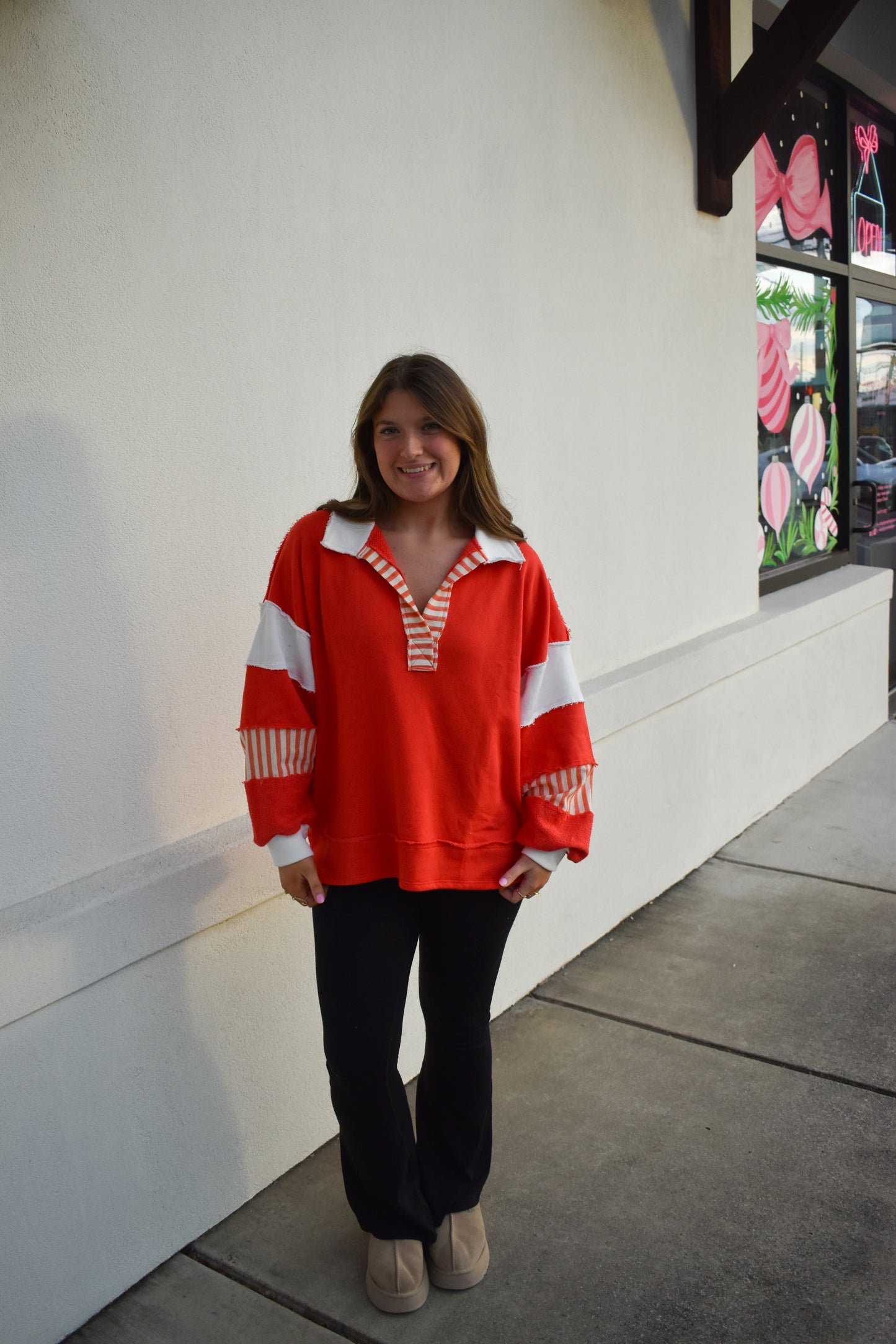 Terry Knit Collared Top: Red/Cream