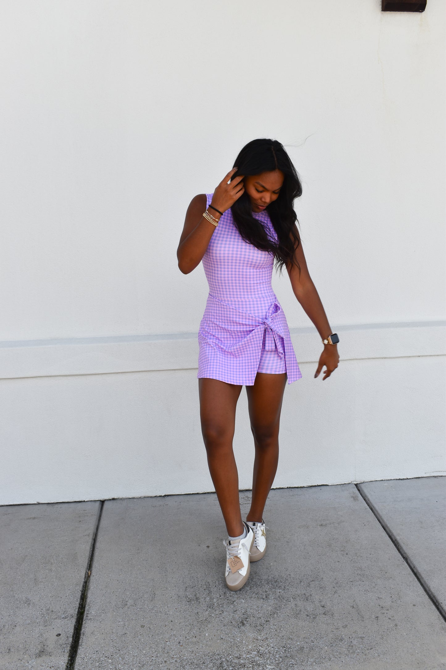 Gingham Athletic Wrap Tie Dress: Purple