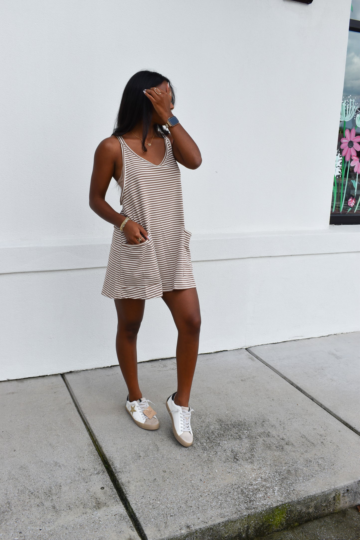 Striped Romper Dress W/ Built In Romper: Brown