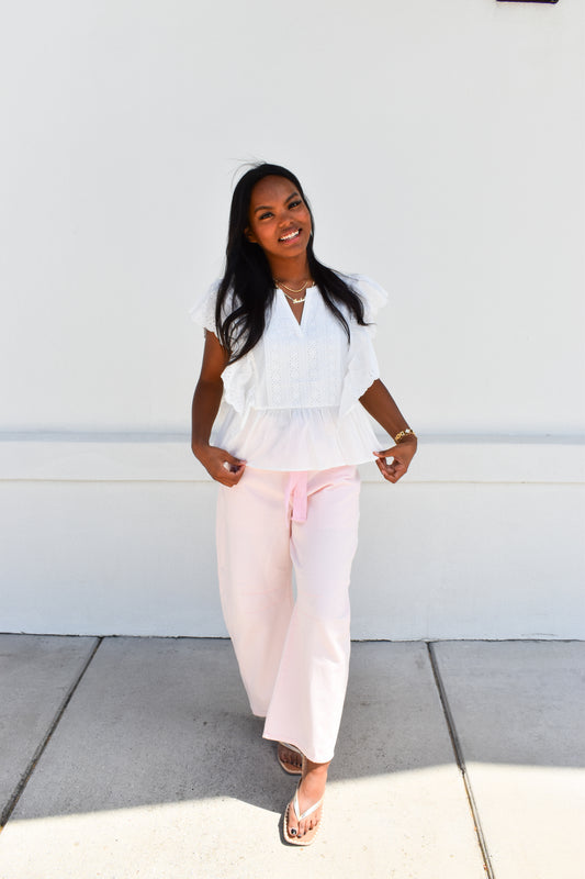 Delicately Embroidered Eyelet Ruffled Cotton Poplin Blouse