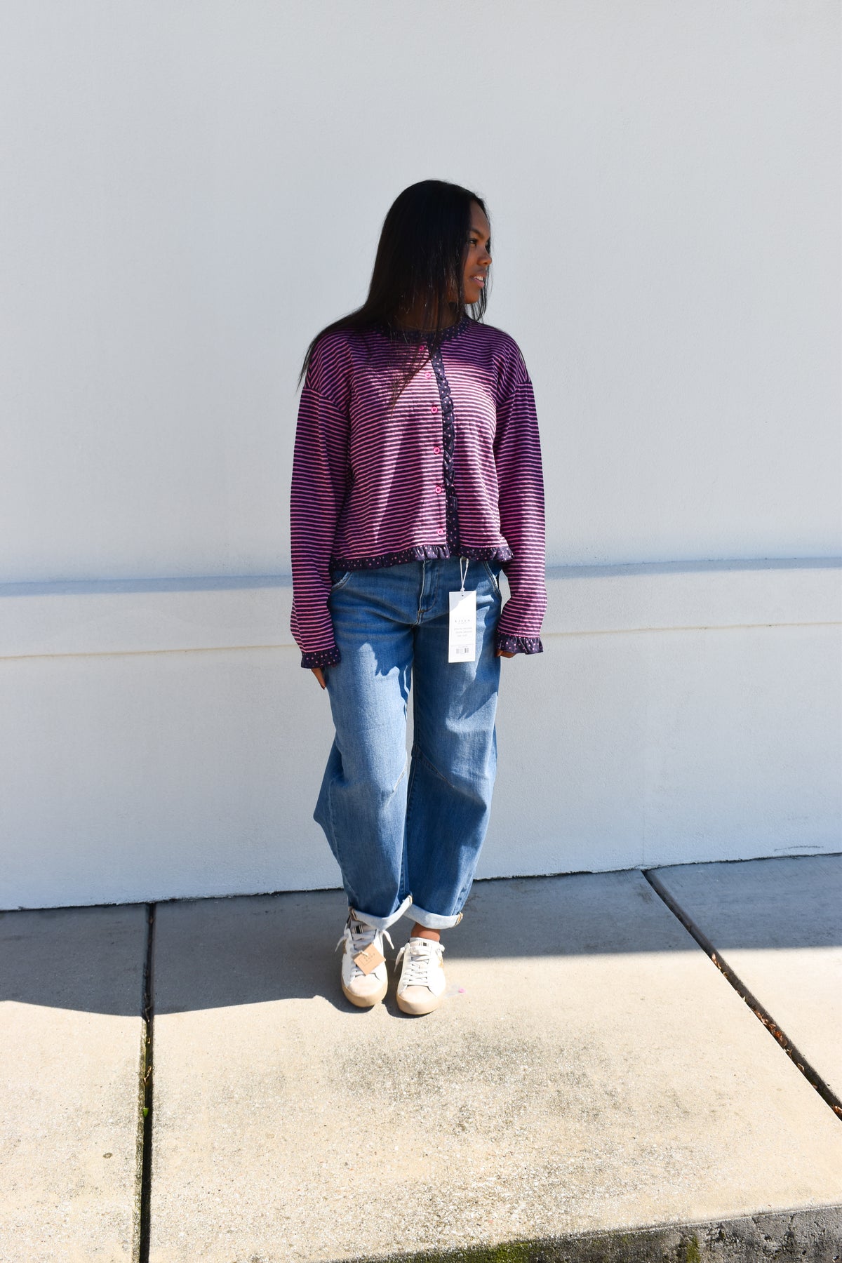 Polka Dot Trim Stripe Button-Up Cardigan