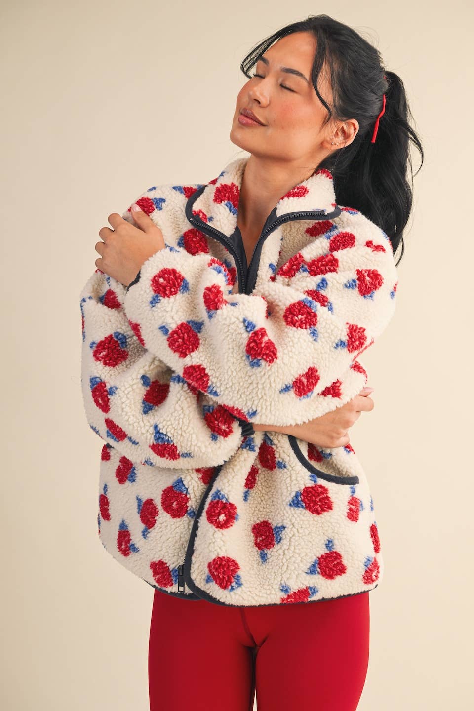 Cozy Oversized Rose Pattern Fleece Zip Up Jacket