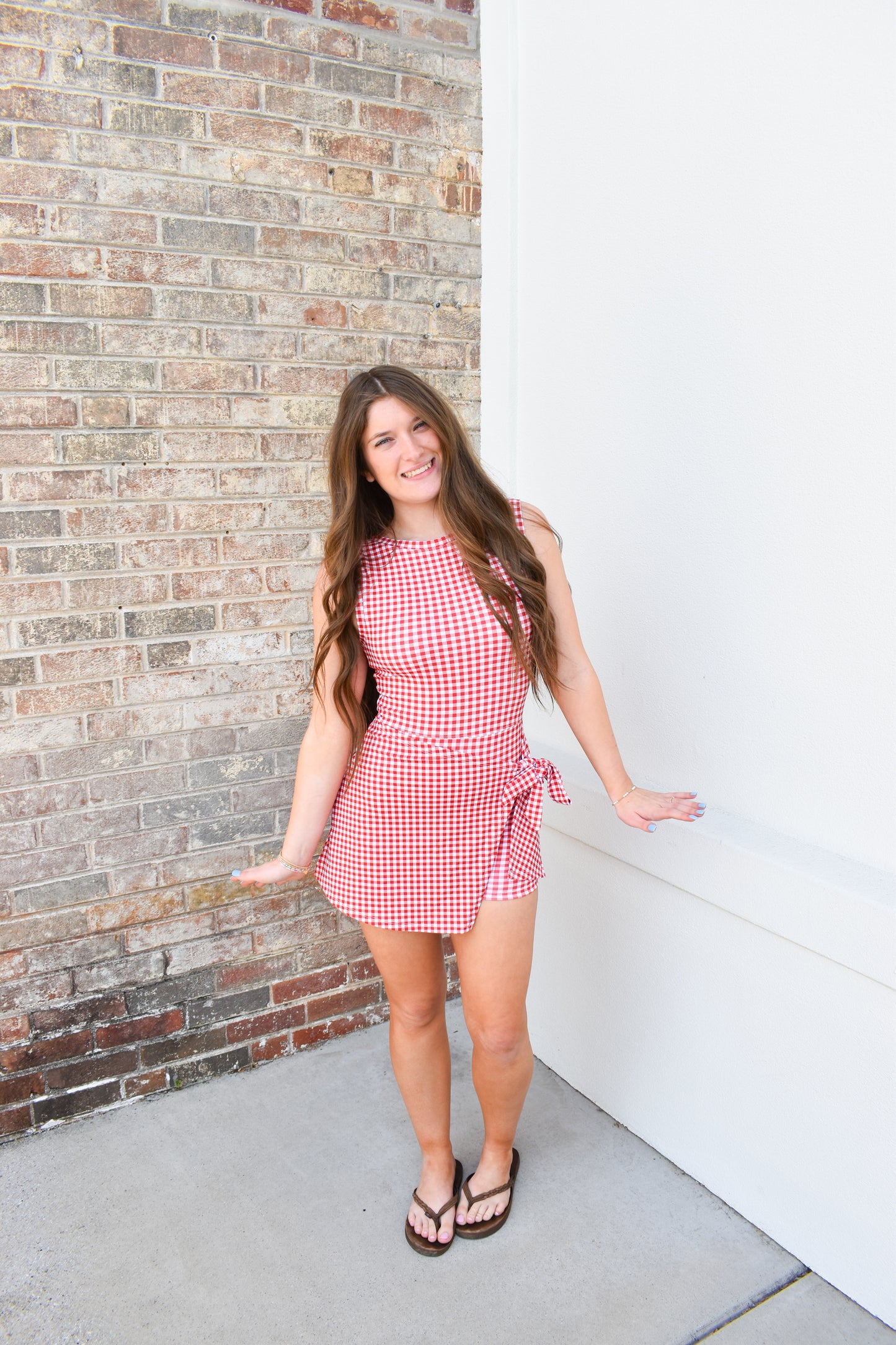 Gingham Print Sleeveless Wrap Tie Front Dress : Red Gingham