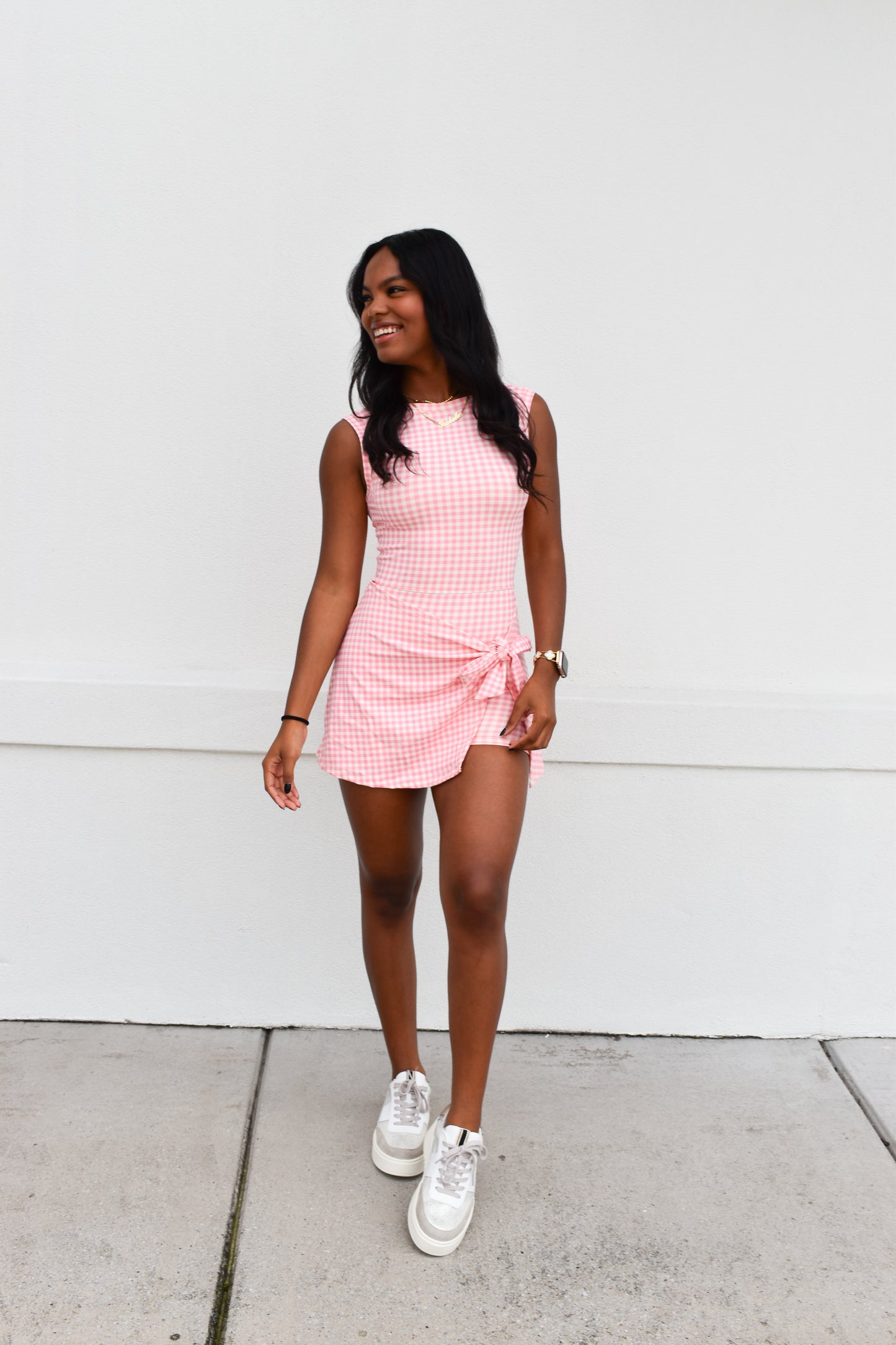 Gingham Athletic Wrap Tie Dress: Light Pink
