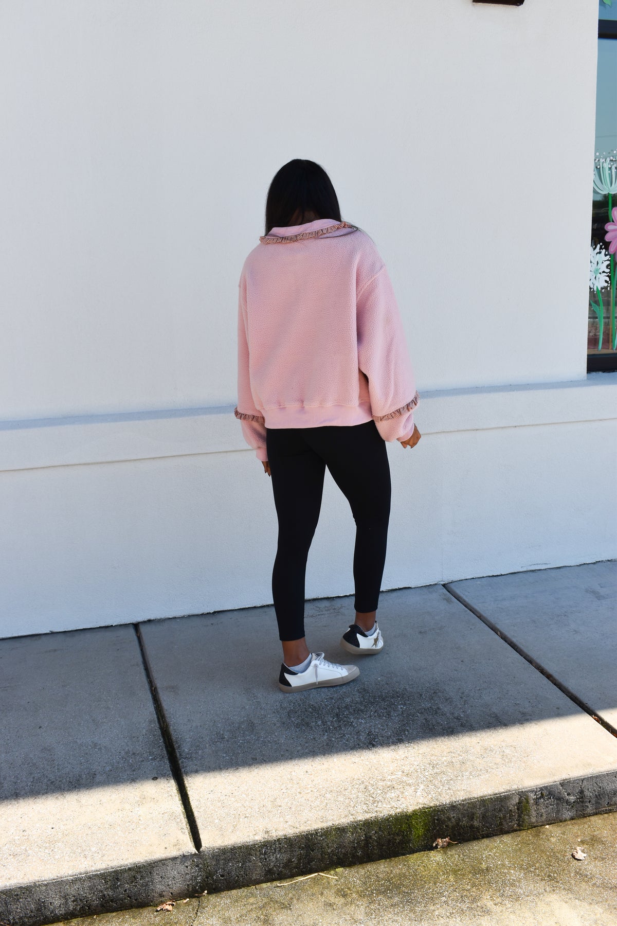 Gingham Fleece Collared Pullover: Pink