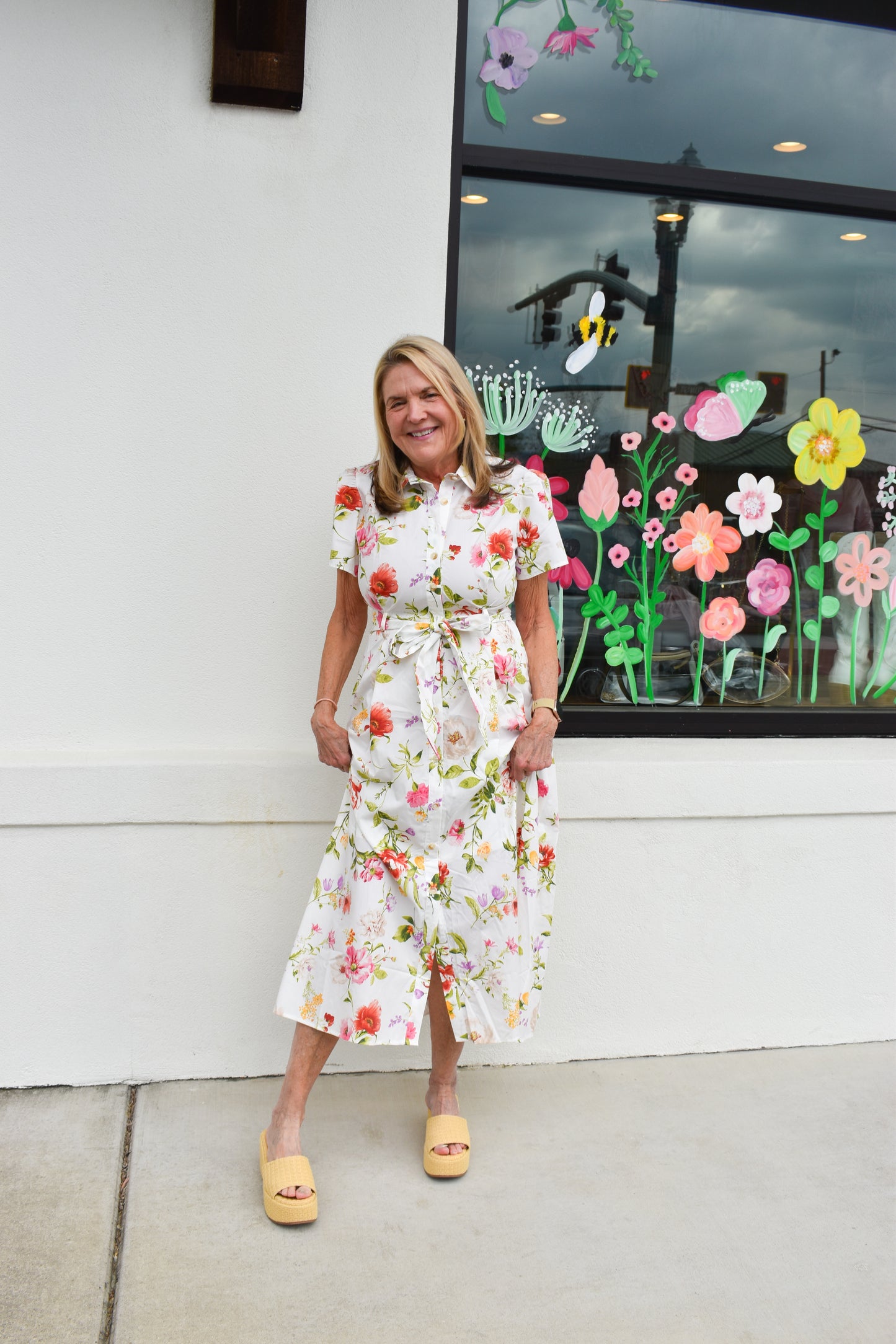 Floral Short Sleeve Belted Midi Dress
