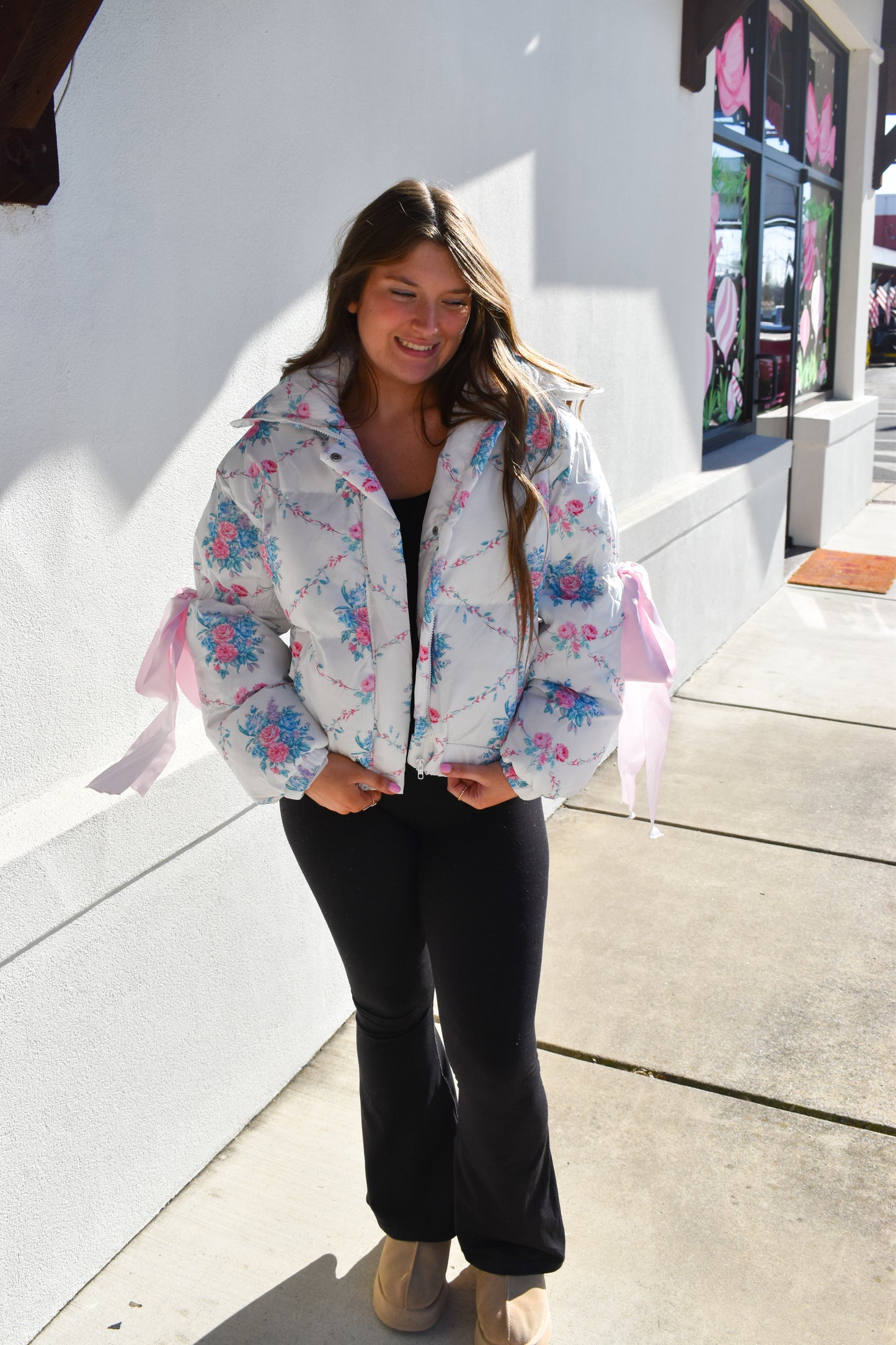 Floral Print Bow Knot Puffer Jacket