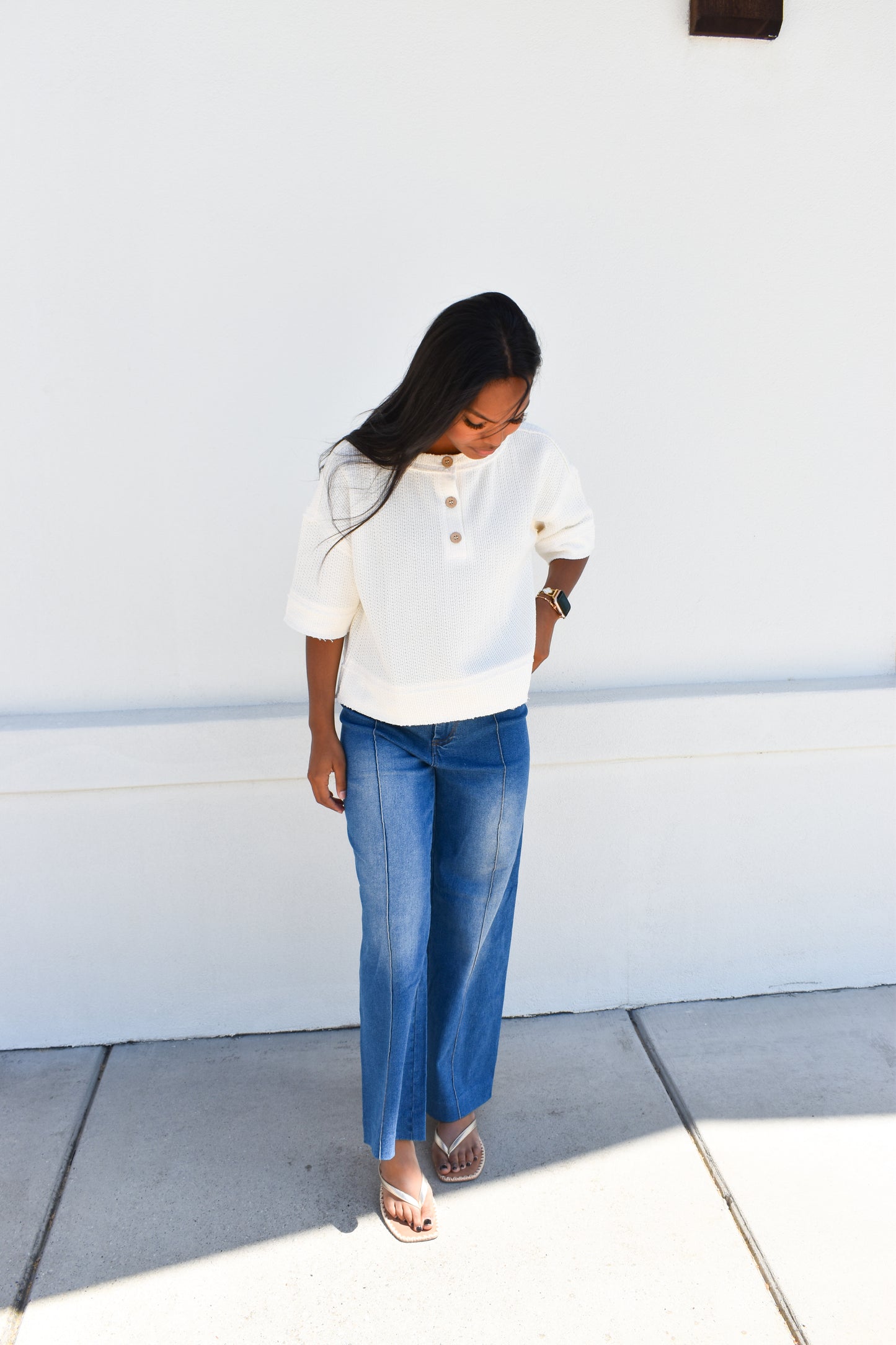 Henley Short Sleeve Waffle Knit Top