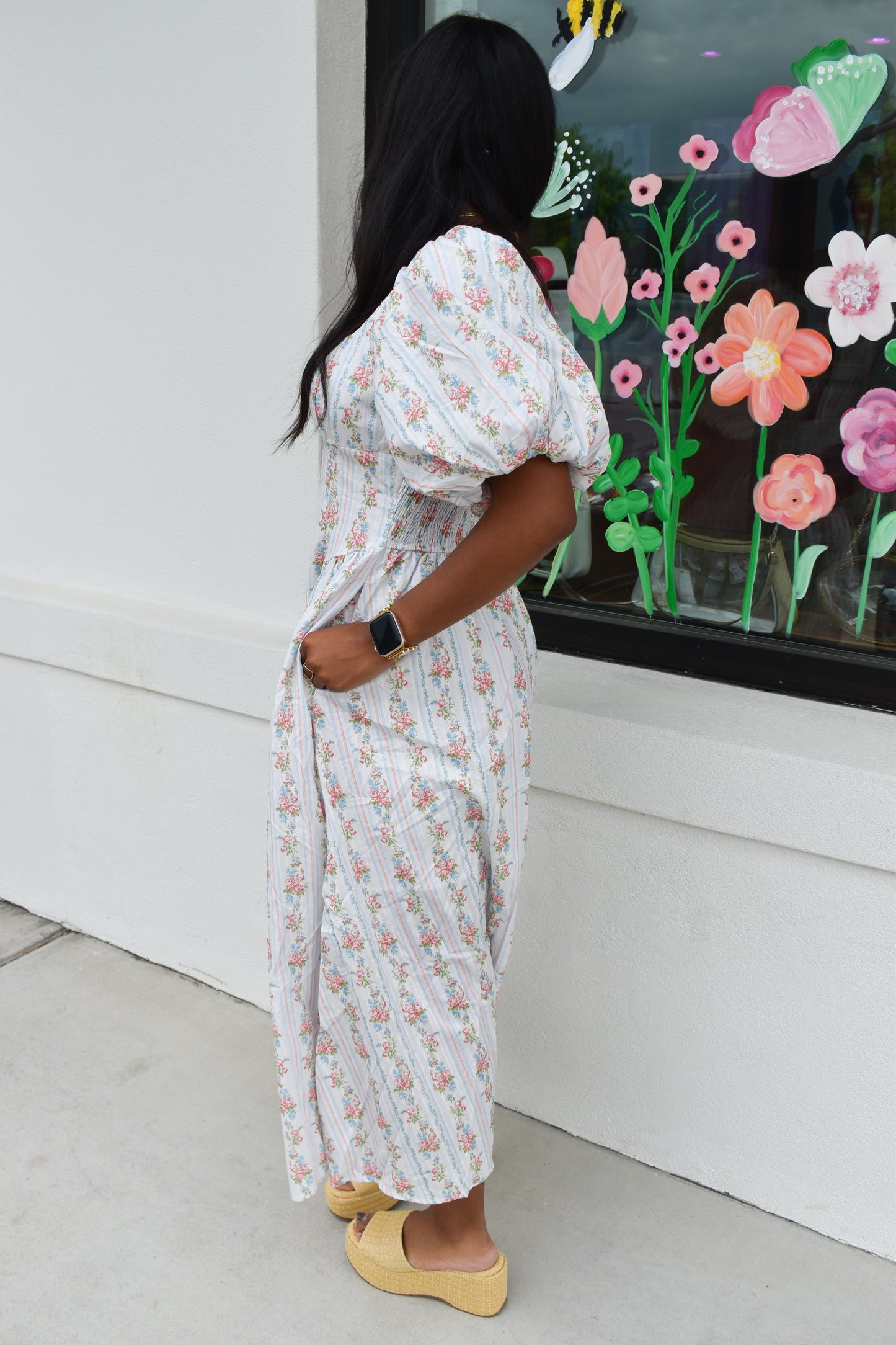 Floral Bubble Maxi Dress W/ Pin Stripe Detail
