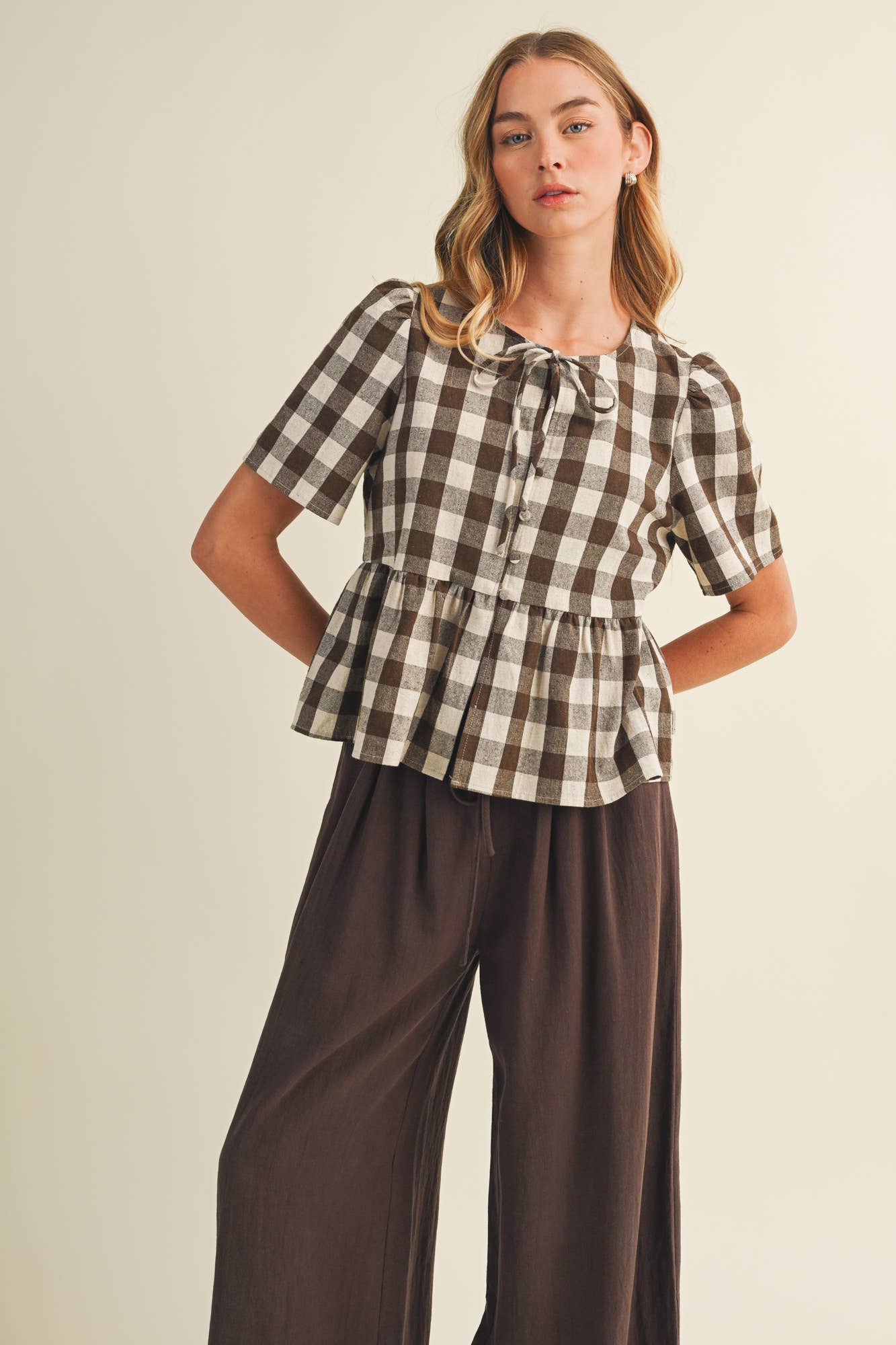 Keyhole Tie-Neck Gingham Peplum Blouse