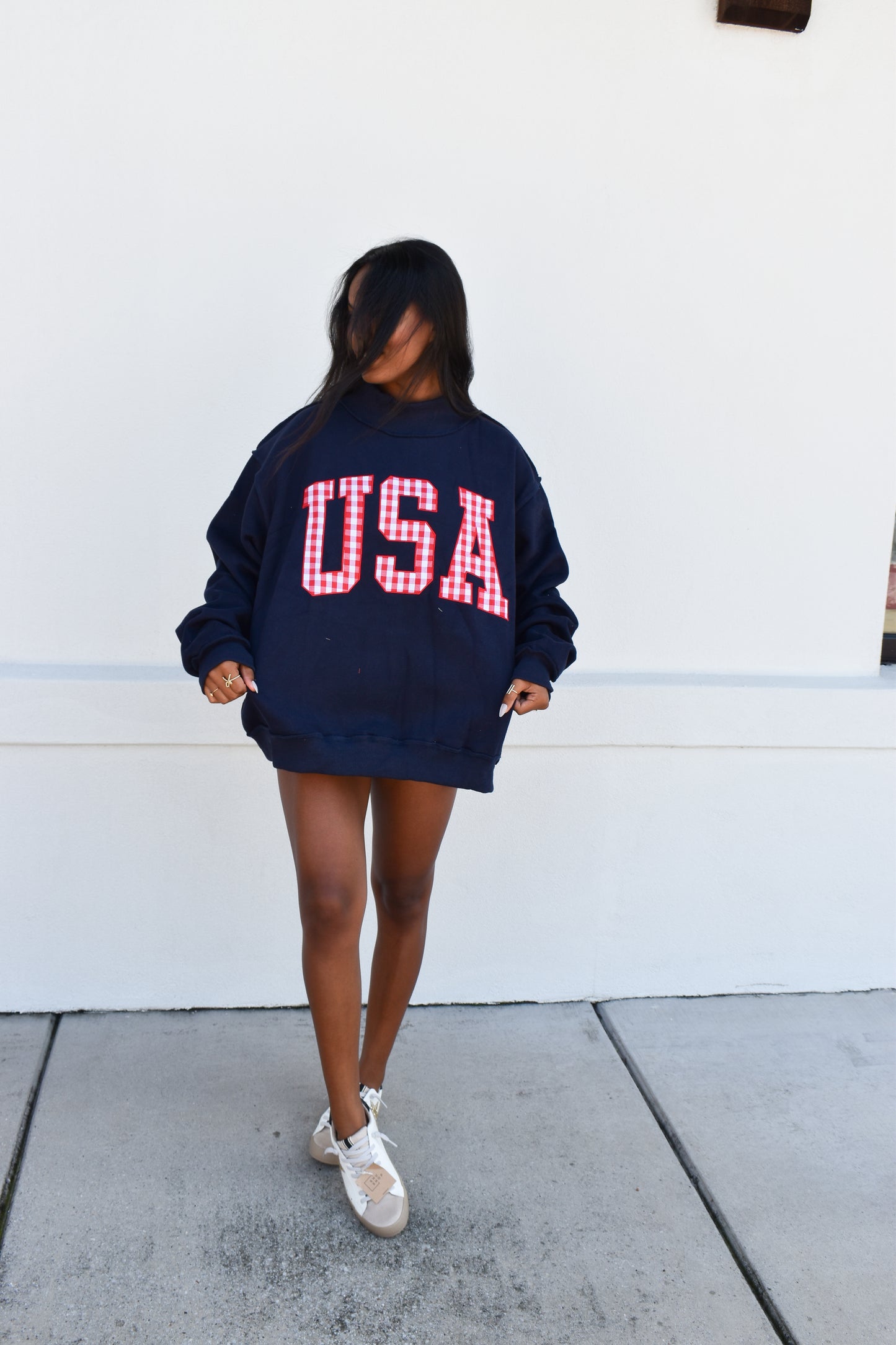 Gingham Embroidery "USA" Mock Neck Sweatshirt