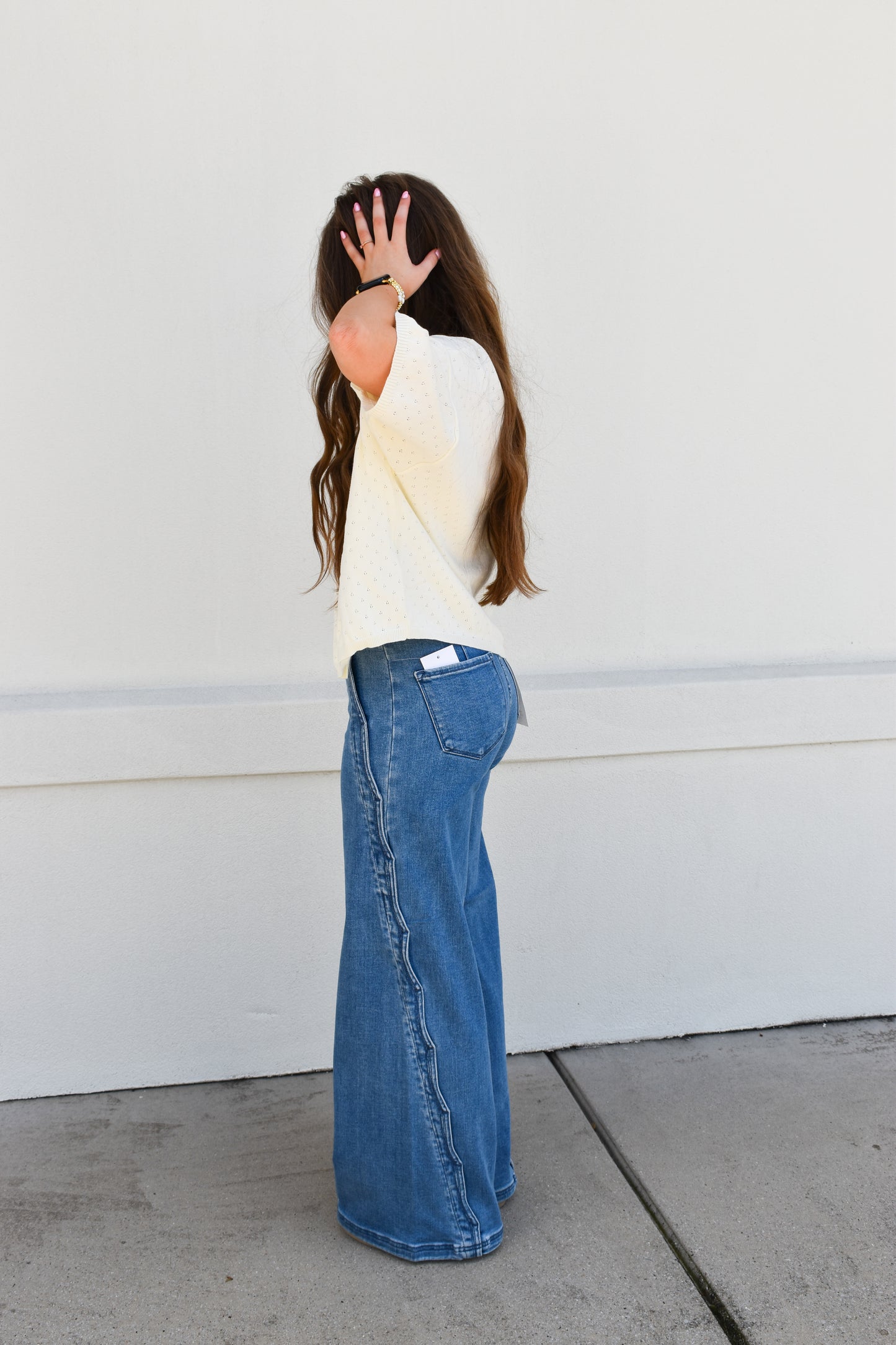 High Rise Wide Leg With Scalloped Edge Detail: Medium Wash