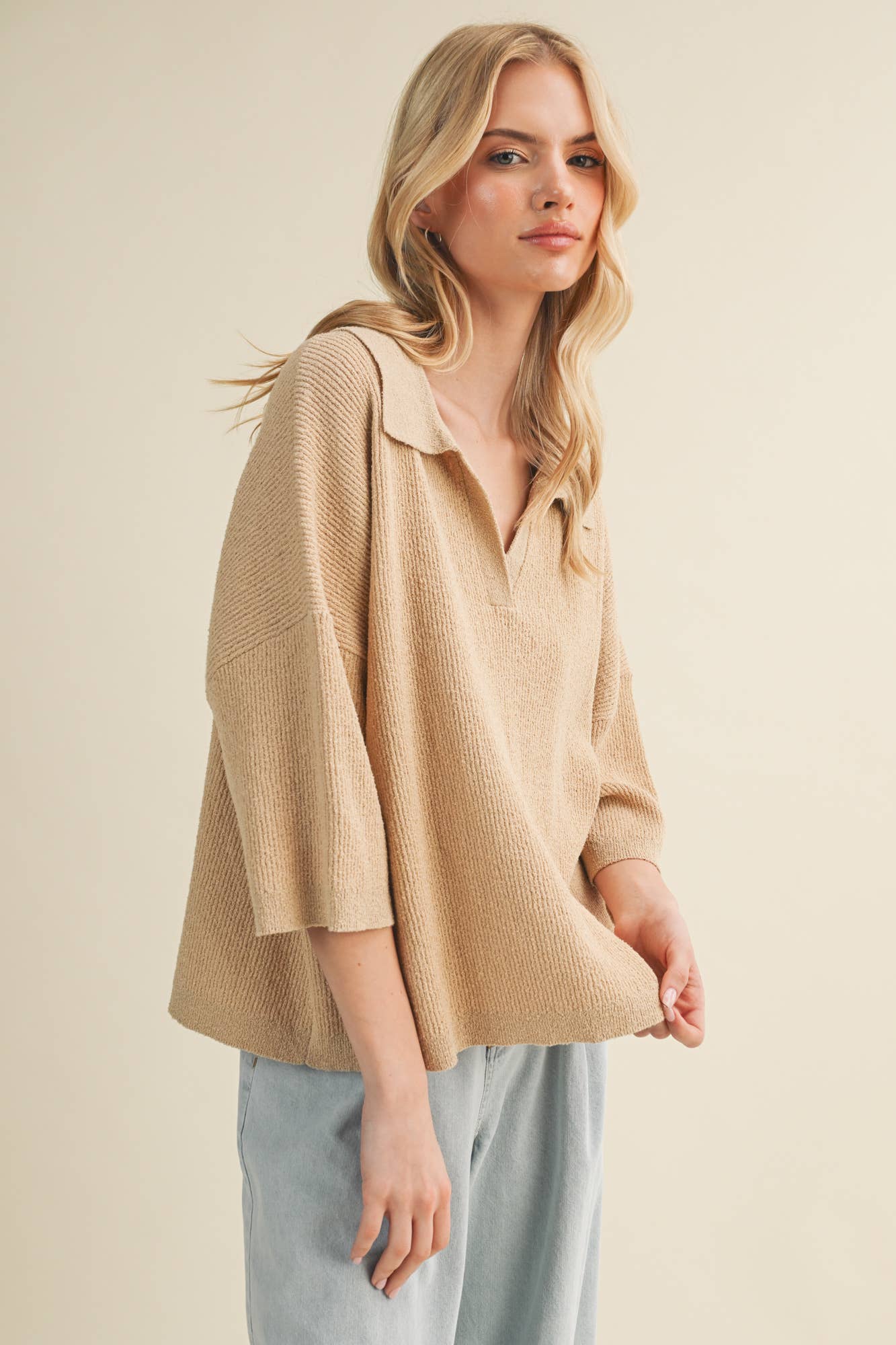 Polo Collar Open V-Neck Pullover