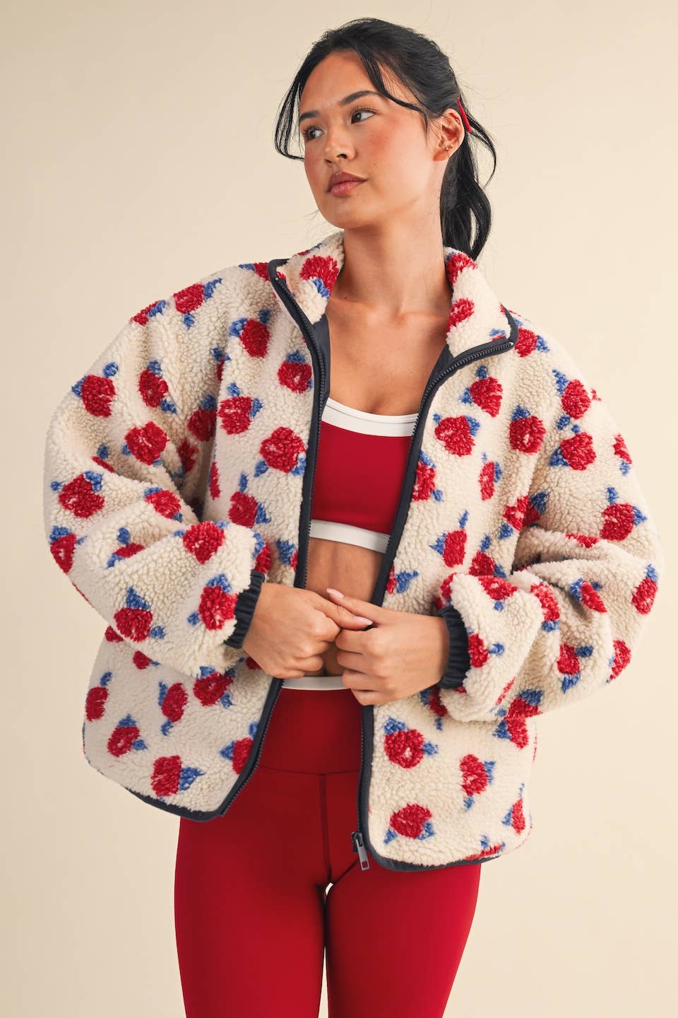 Cozy Oversized Rose Pattern Fleece Zip Up Jacket