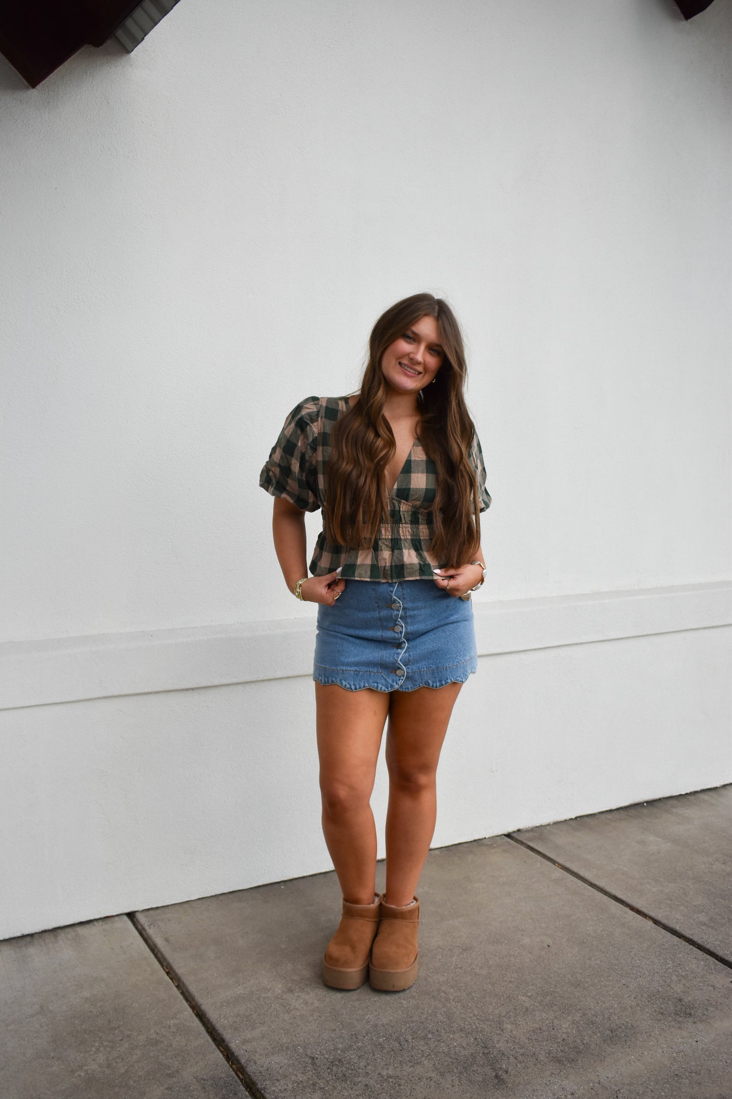 Gingham Bubble V Neck Top