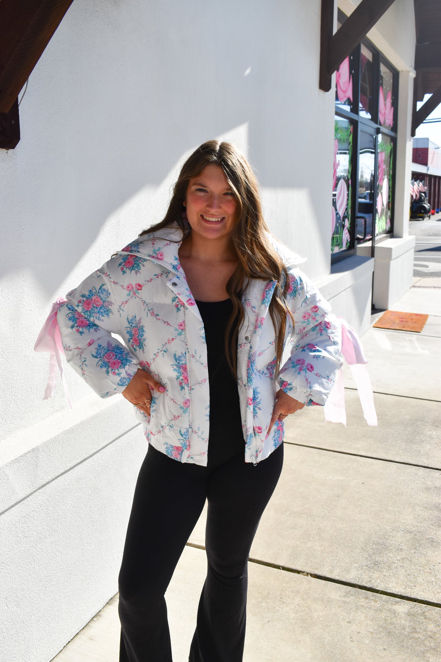 Floral Print Bow Knot Puffer Jacket