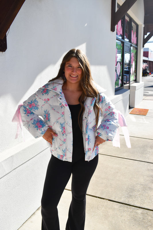 Floral Print Bow Knot Puffer Jacket