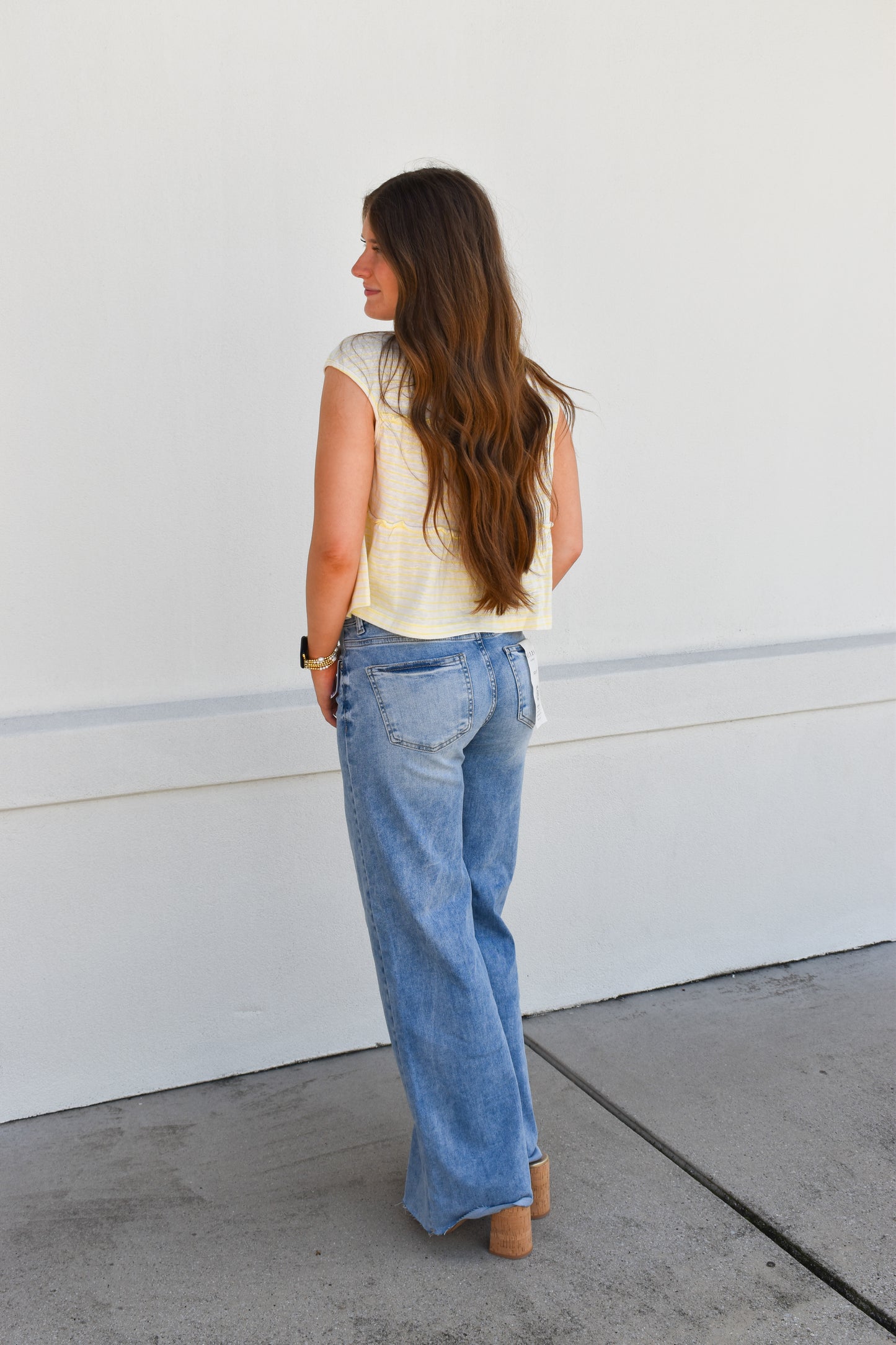 Risen Tummy Control High Rise Ankle Pallazo Jeans: Light Wash