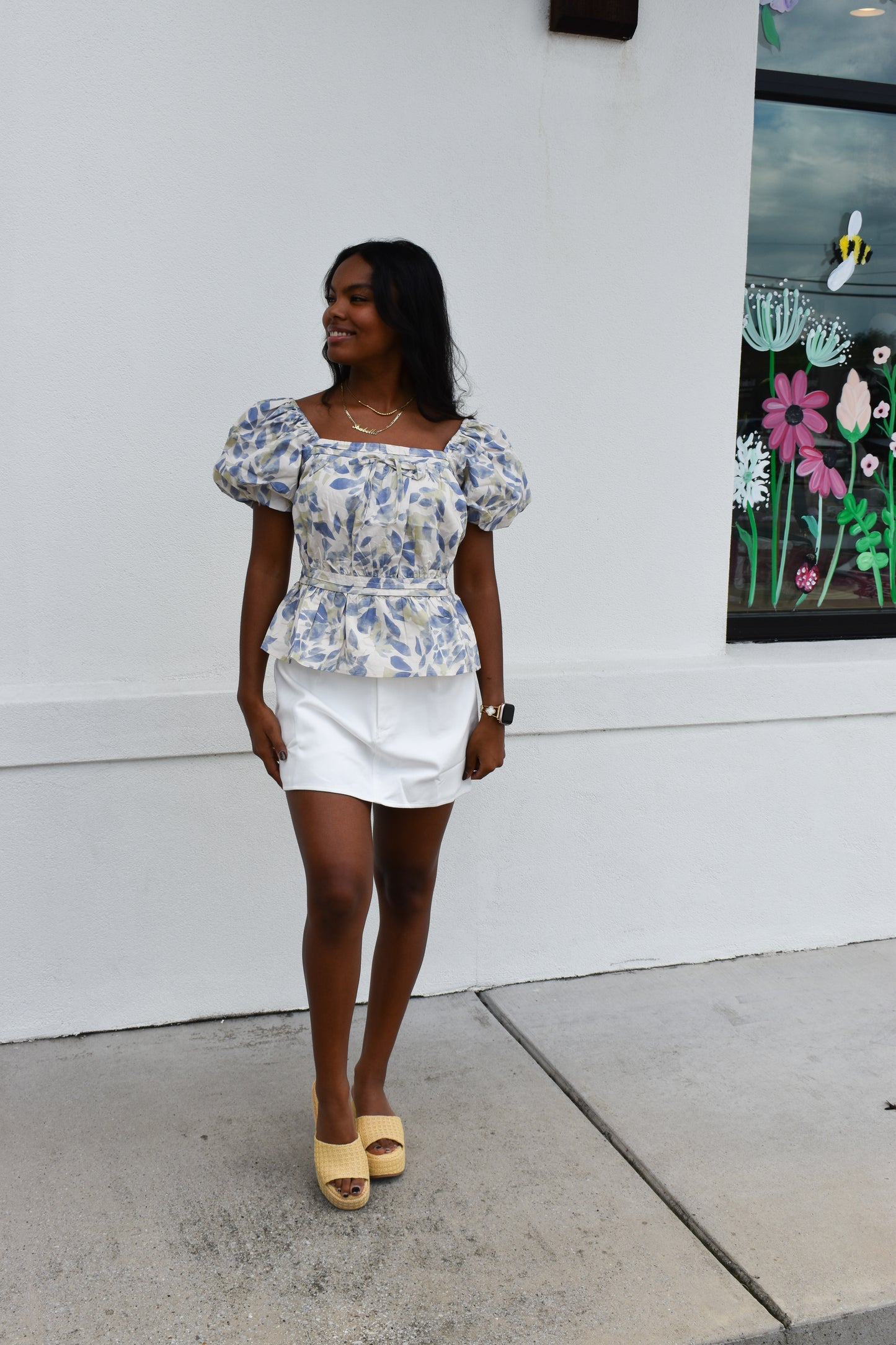 Soft Garden Leaf Print Bubble Sleeved Peplum Blouse