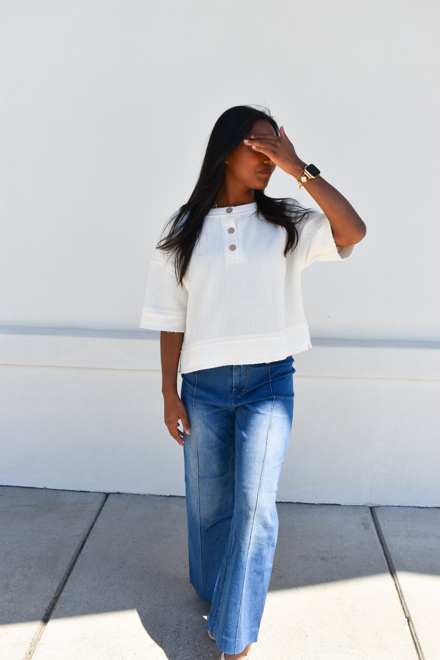 Henley Short Sleeve Waffle Knit Top