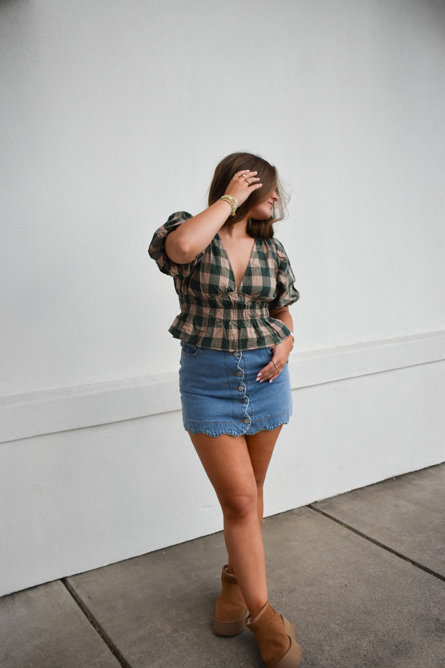 Gingham Bubble V Neck Top