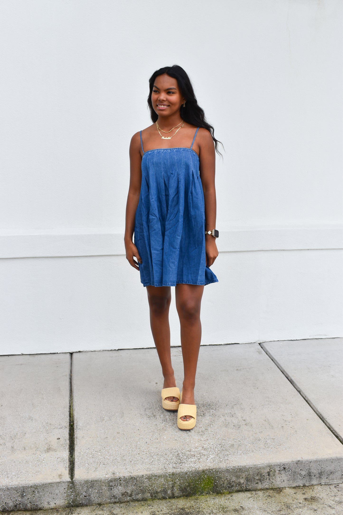 Denim Pleated Babydoll Dress