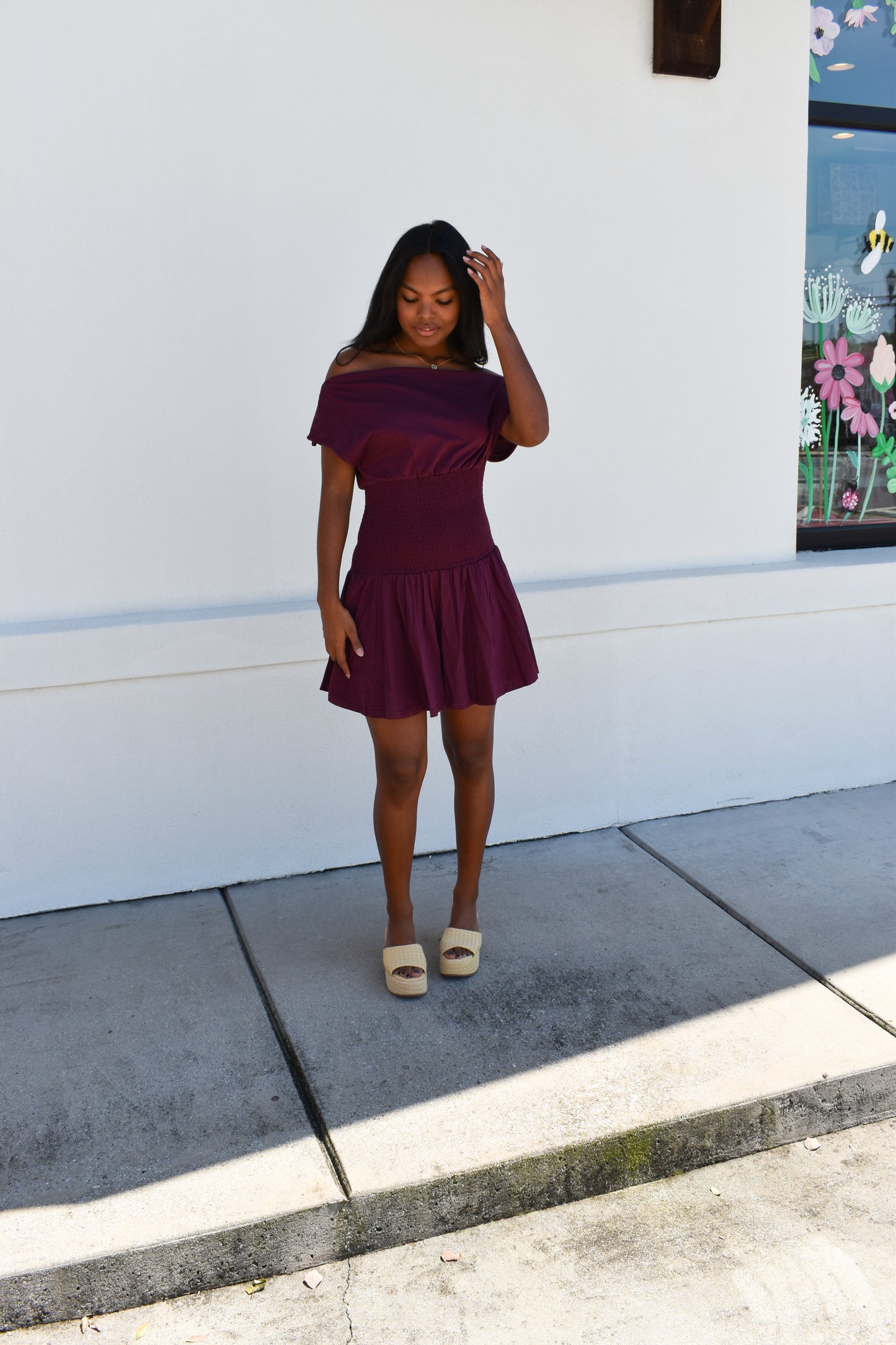 Off Shoulder Smocked Waist Dress: Wine