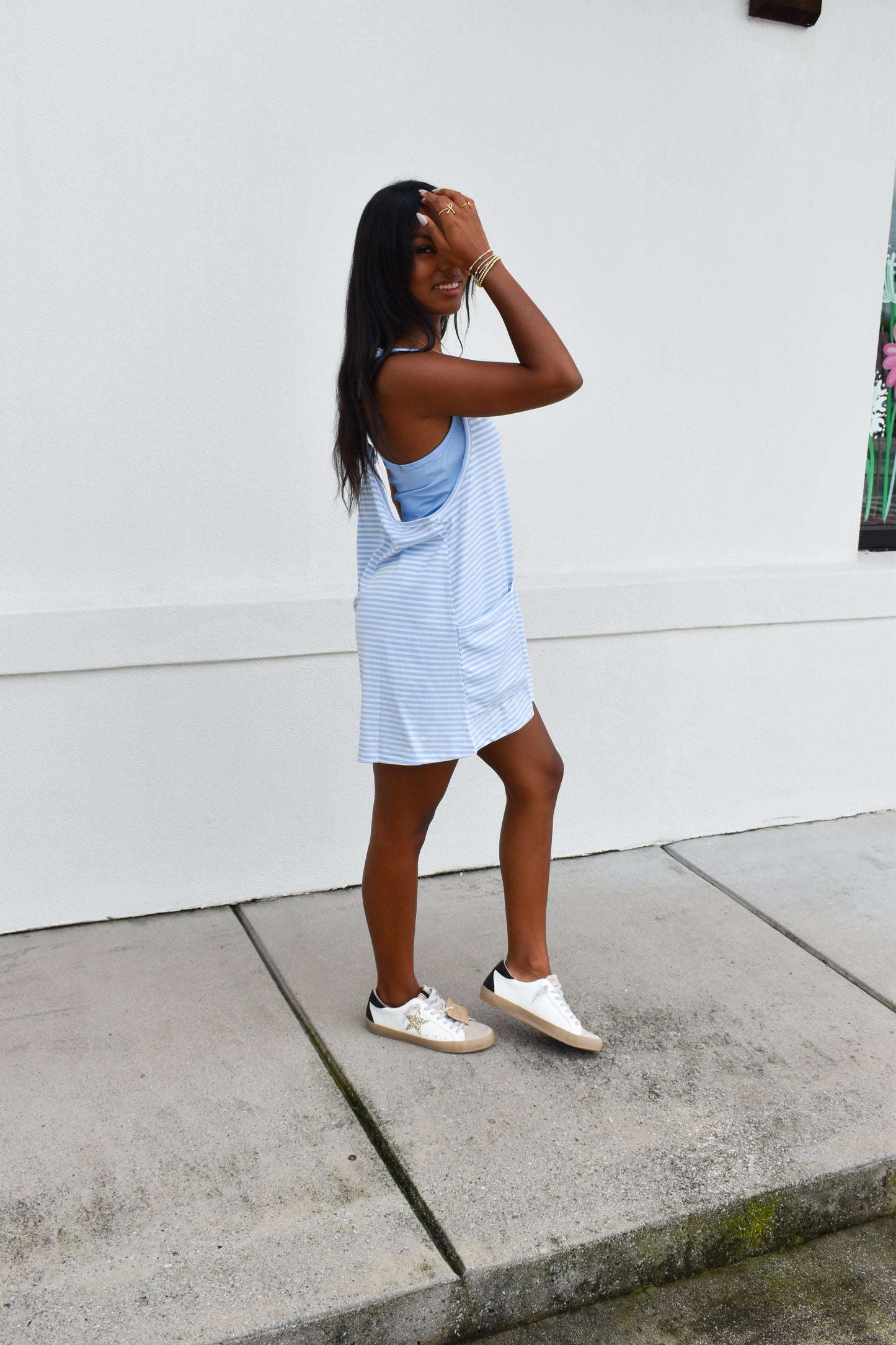 Striped Romper Dress W/ Built In Romper: Blue
