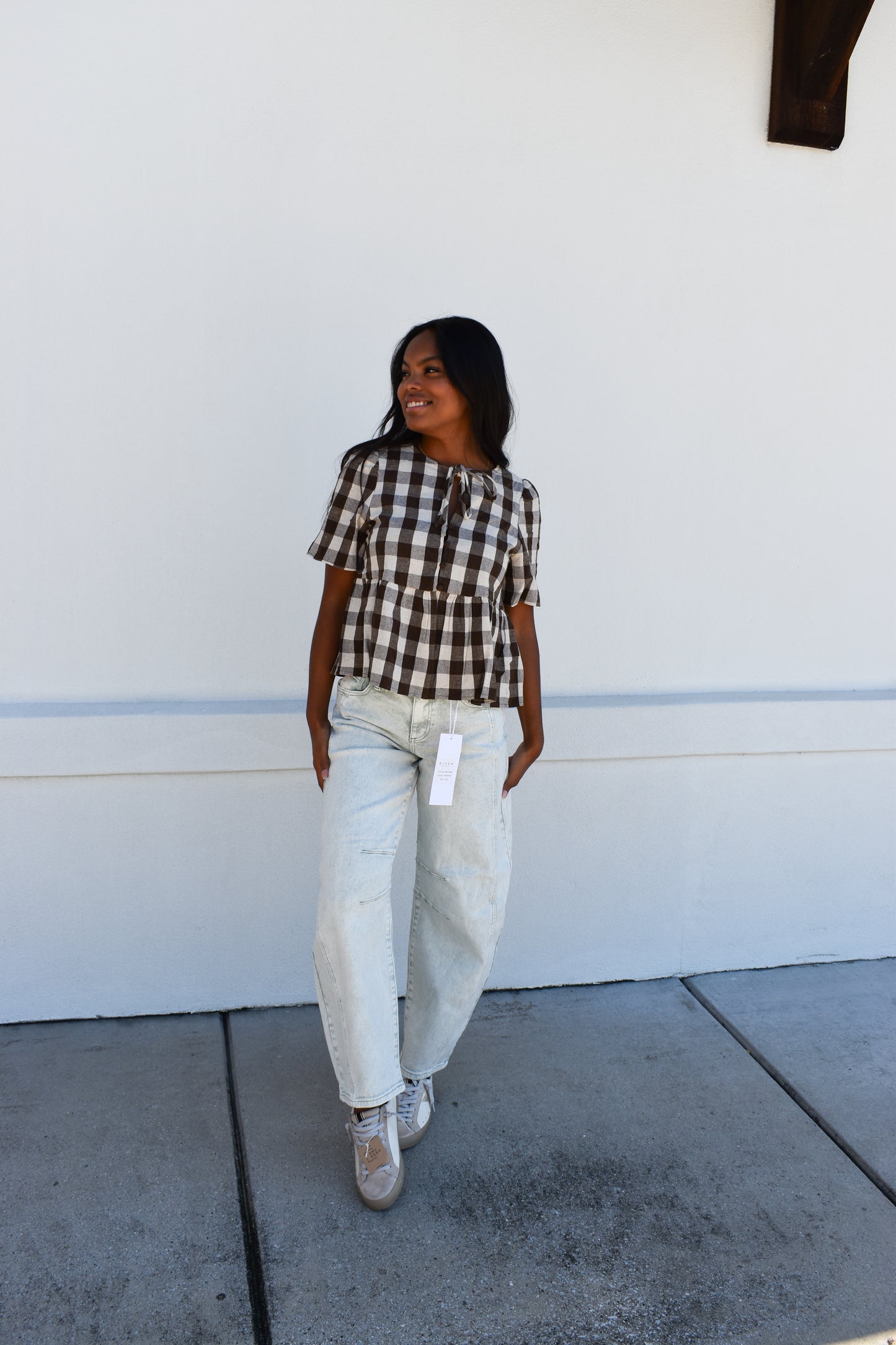 Keyhole Tie-Neck Gingham Peplum Blouse