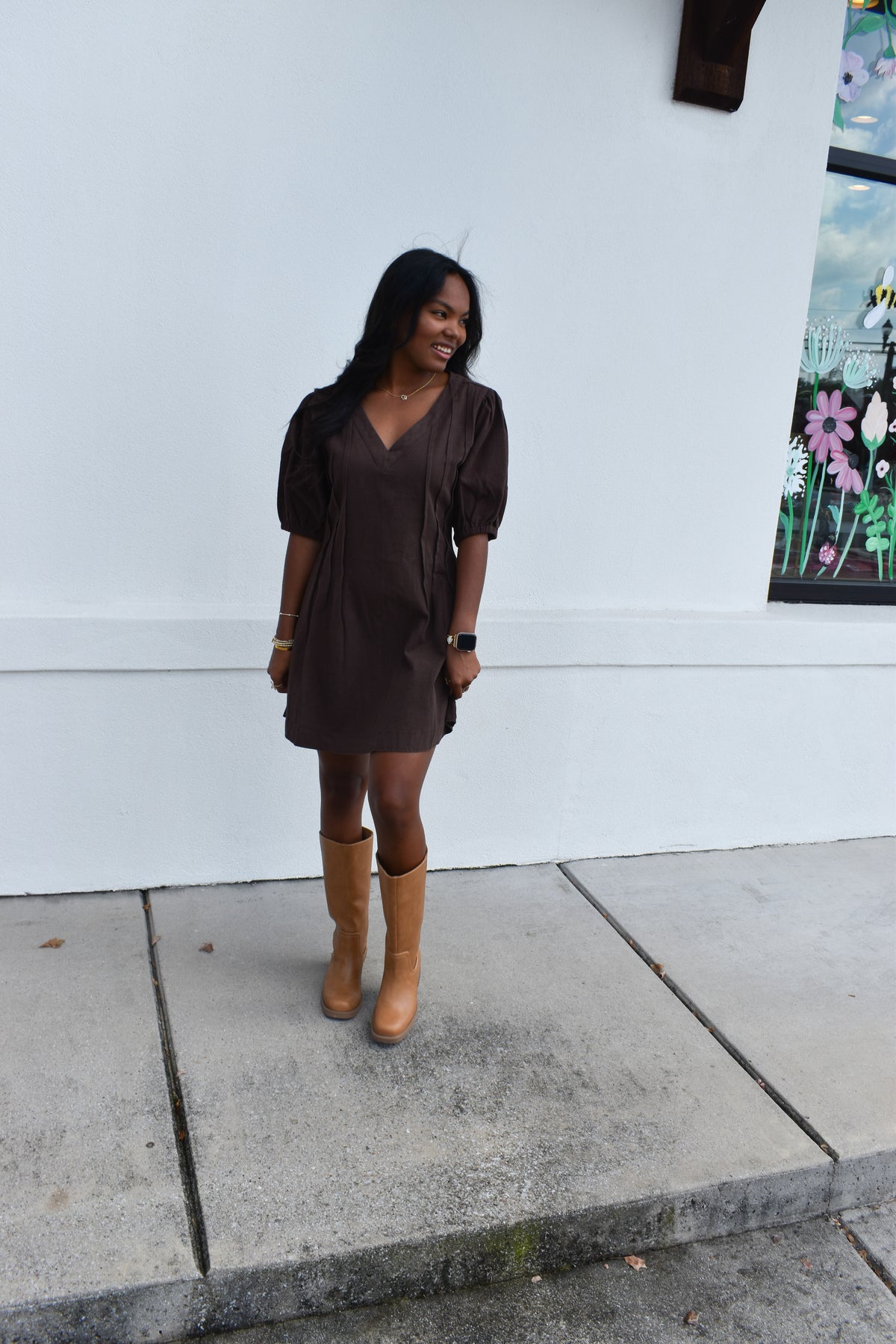 Puff Sleeve V Neck Mini Dress
