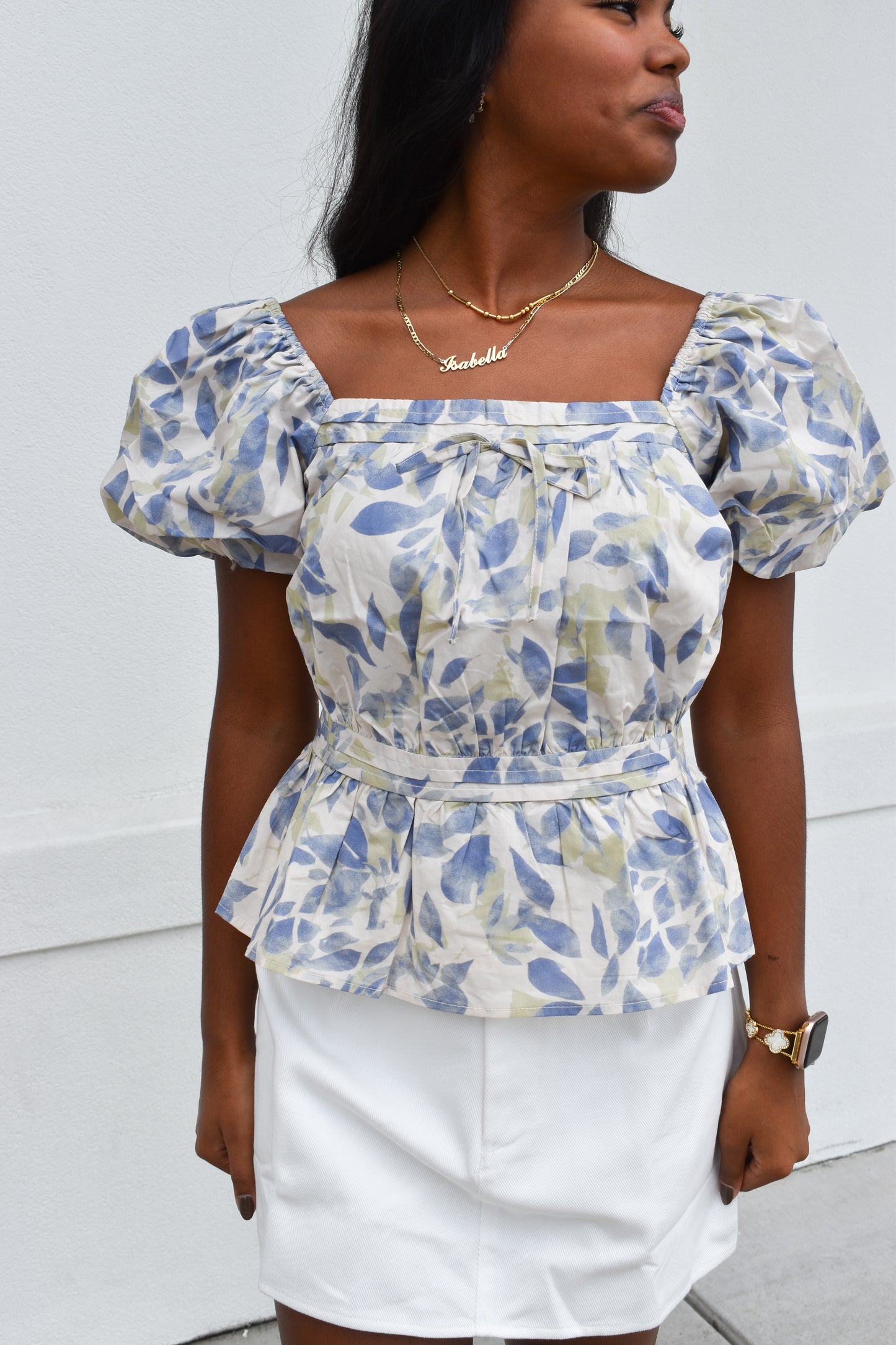 Soft Garden Leaf Print Bubble Sleeved Peplum Blouse