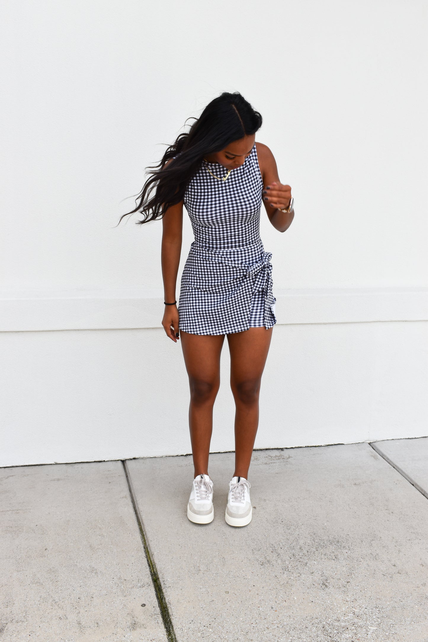Gingham Athletic Wrap Tie Dress: Black