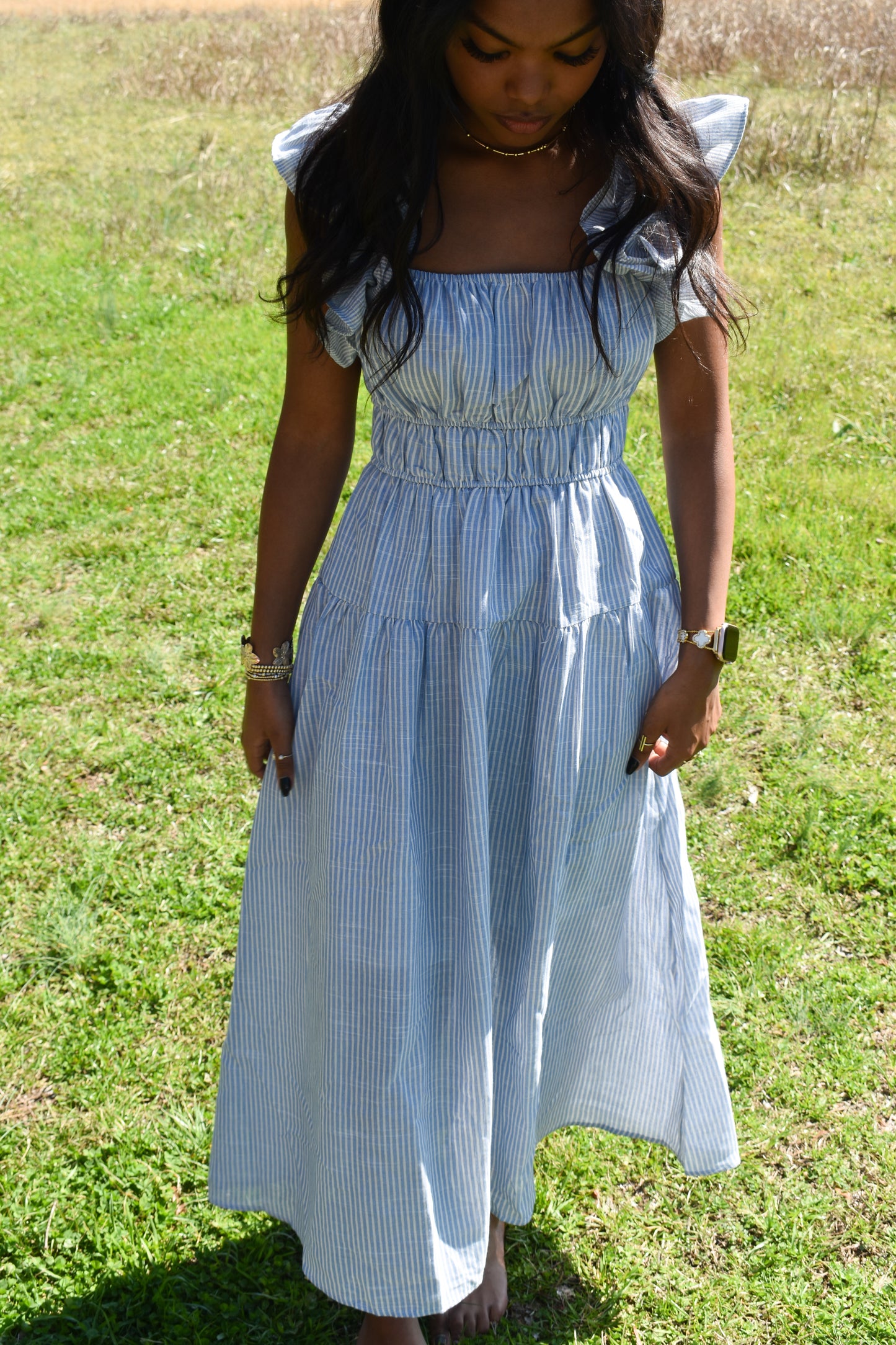 Shoulder Ruffle Stripe Midi Dress