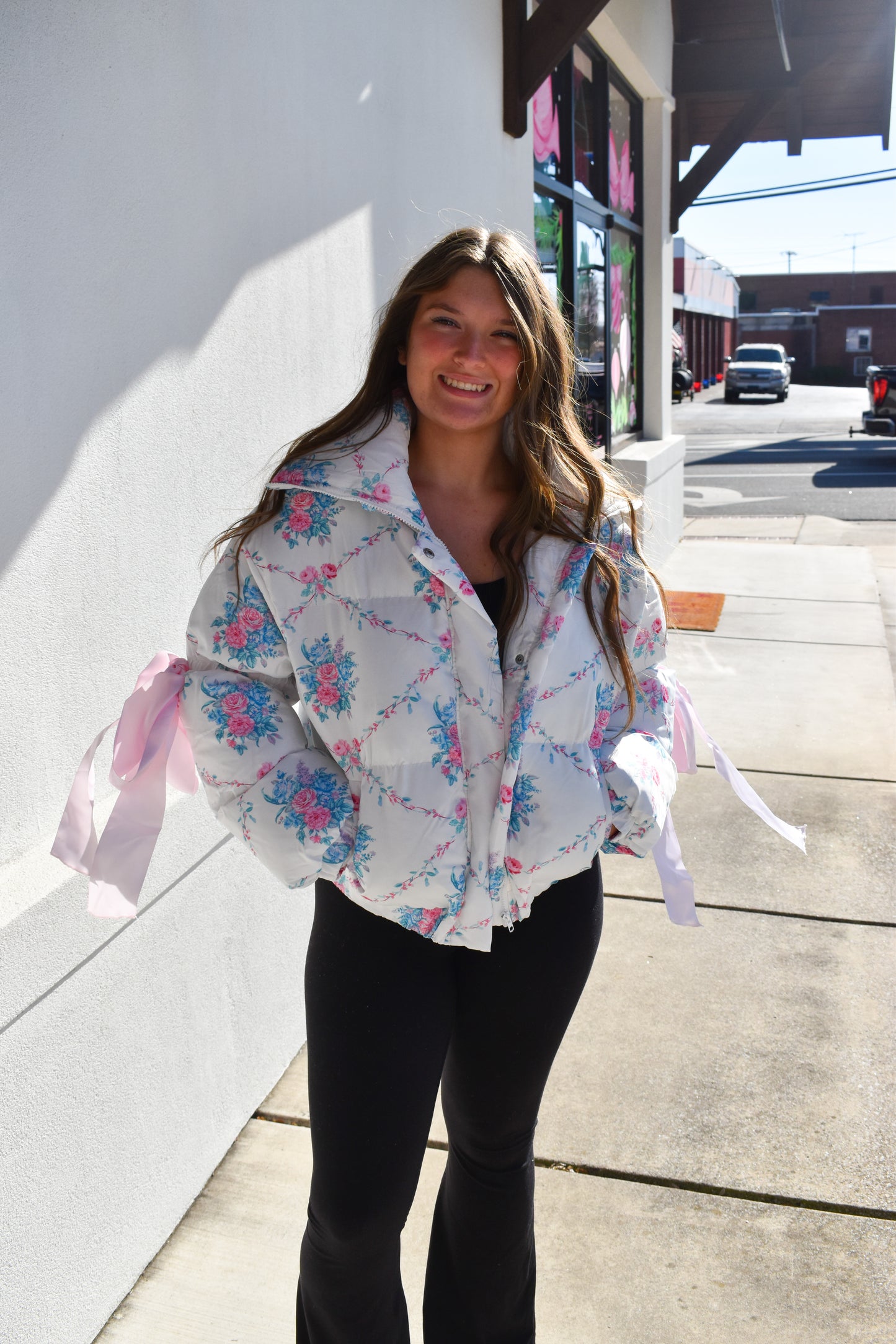Floral Print Bow Knot Puffer Jacket