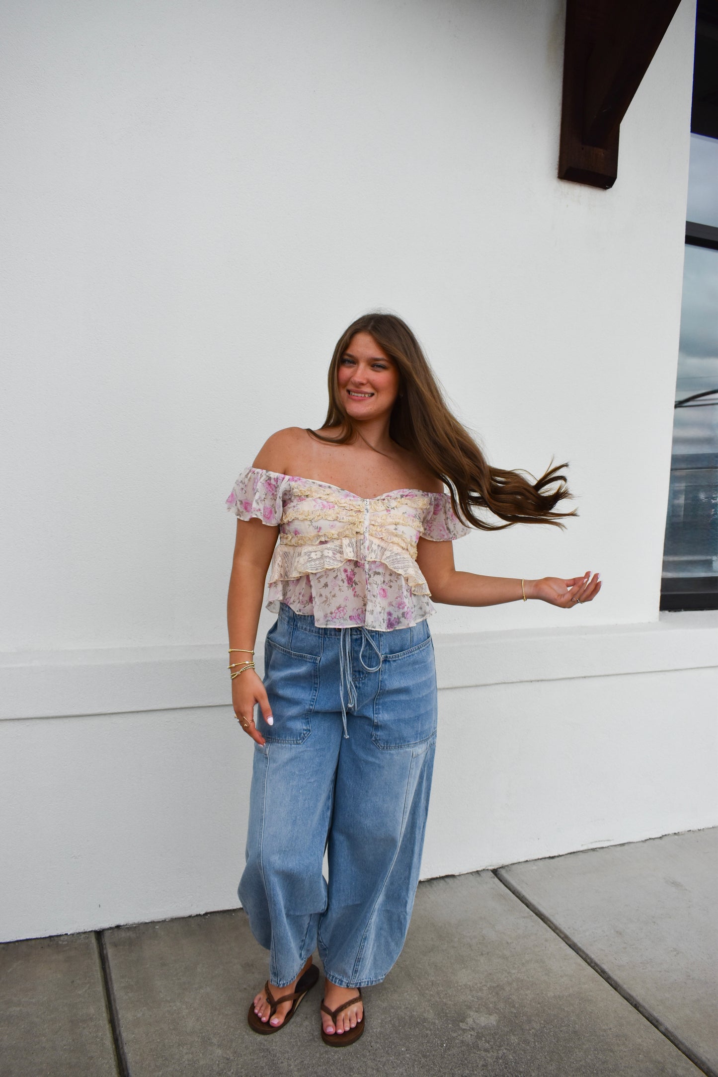 Floral Print Ruffle Lace Sweetheart Top