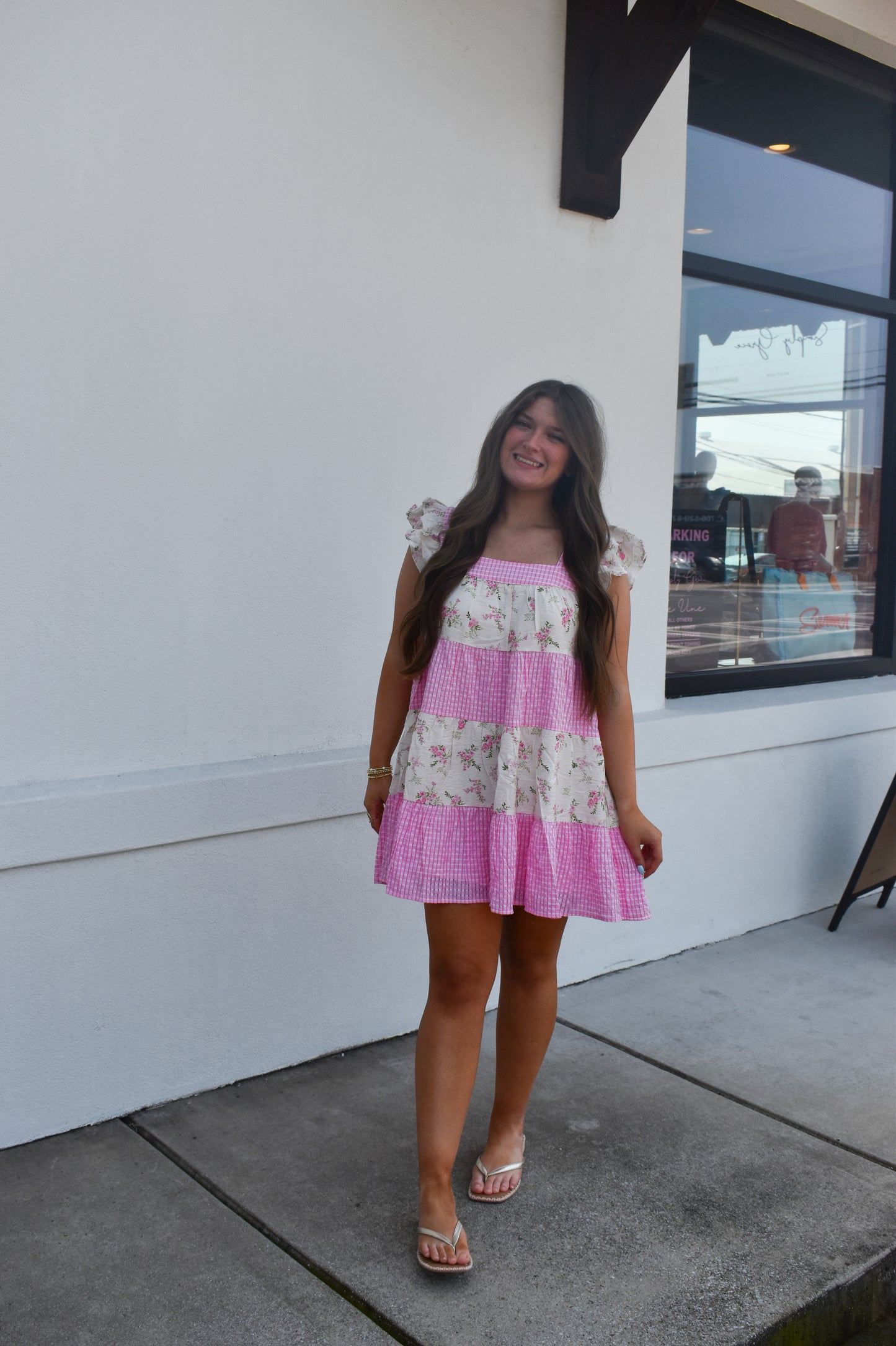 Mini Dress W/ Mixed Floral Print and Pink Gingham