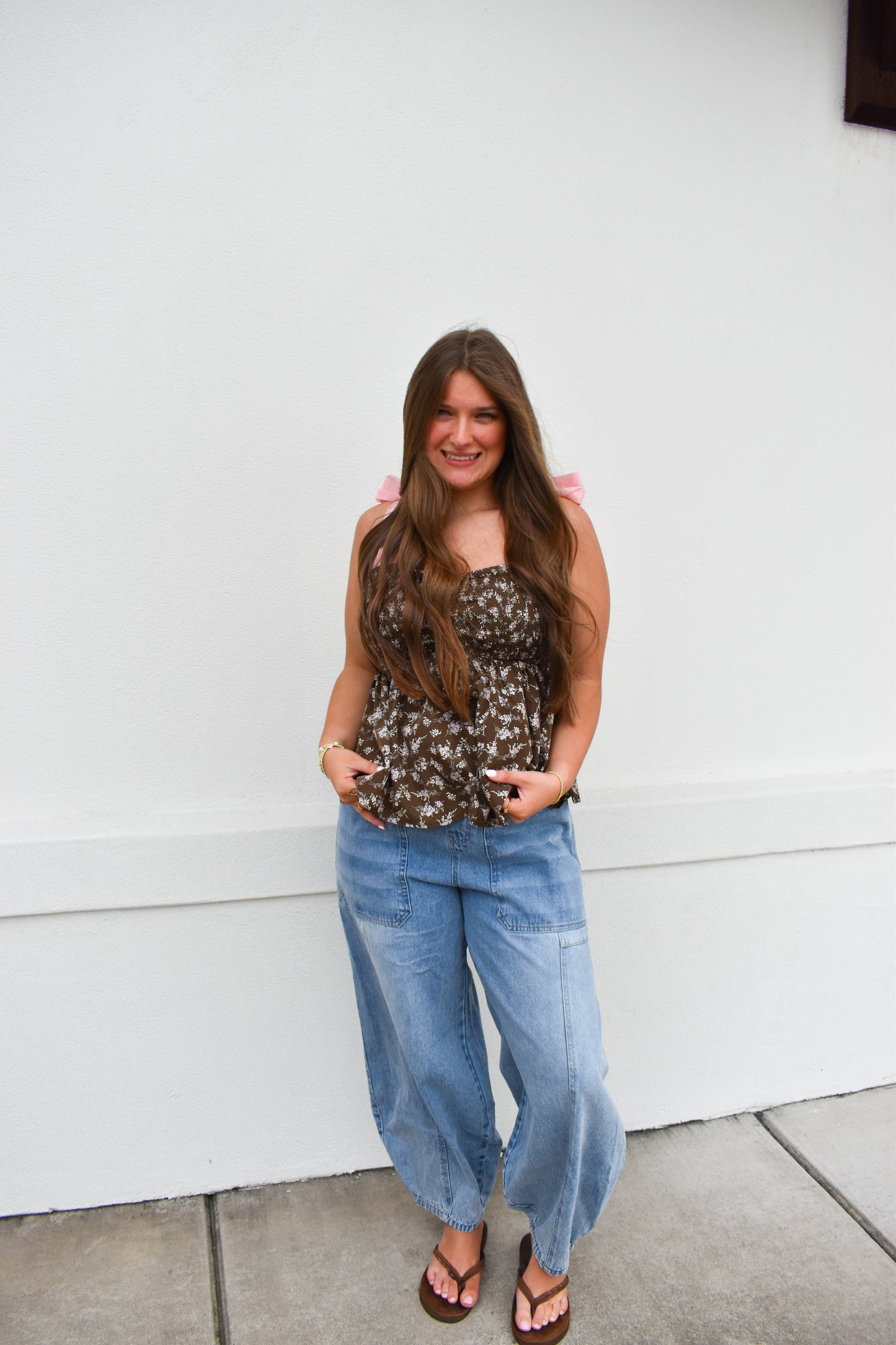 Romantic Floral Top w/ Pink Bow Straps