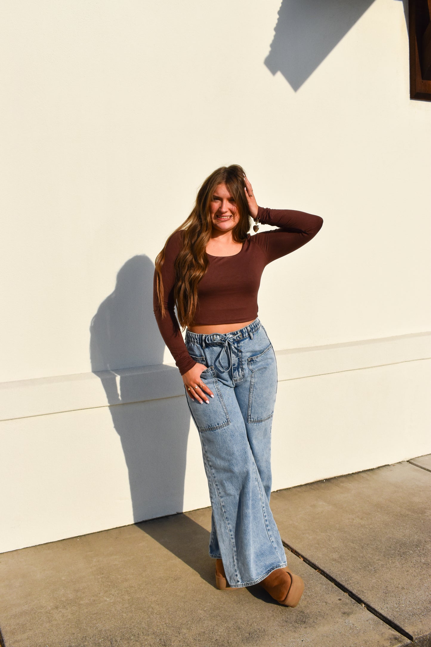 Basic Long Sleeve Scoop Neck: Brown