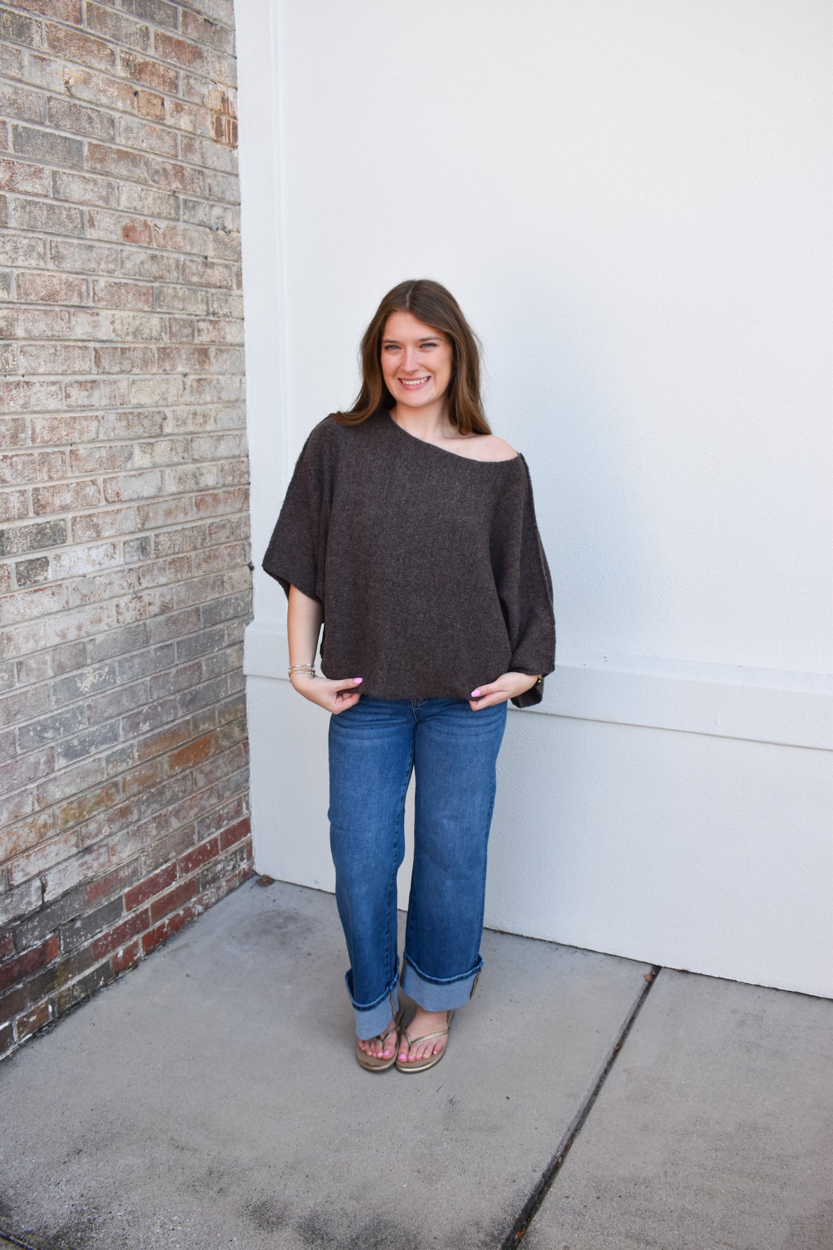 Gloria One Shoulder Knit Top: Brown