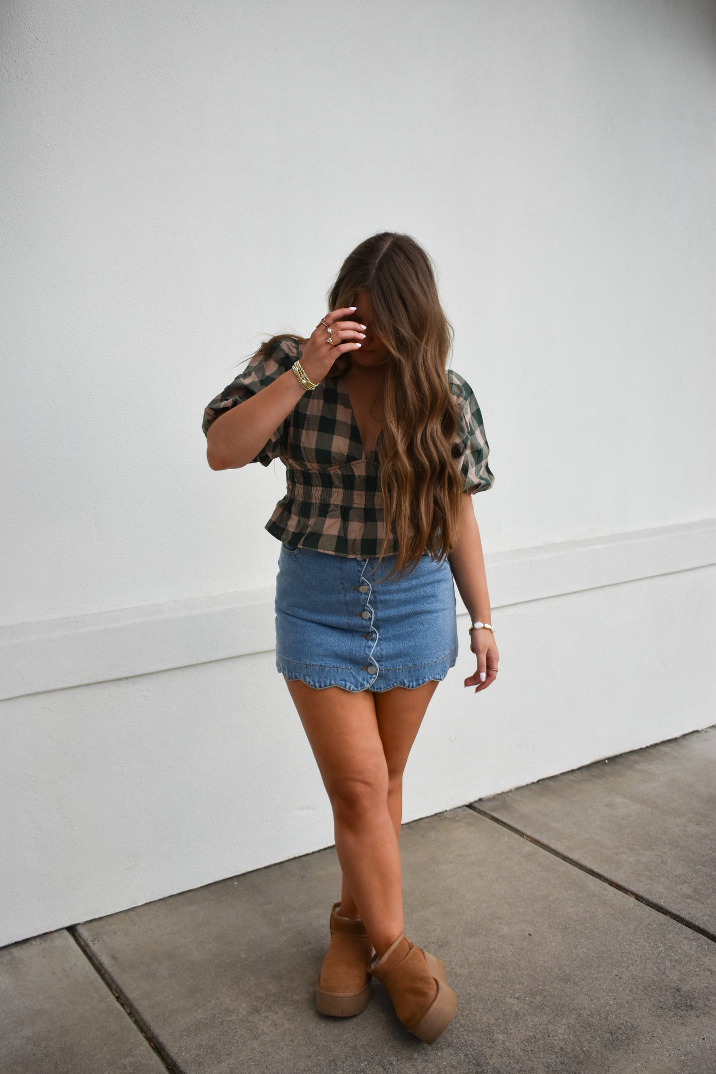 Gingham Bubble V Neck Top