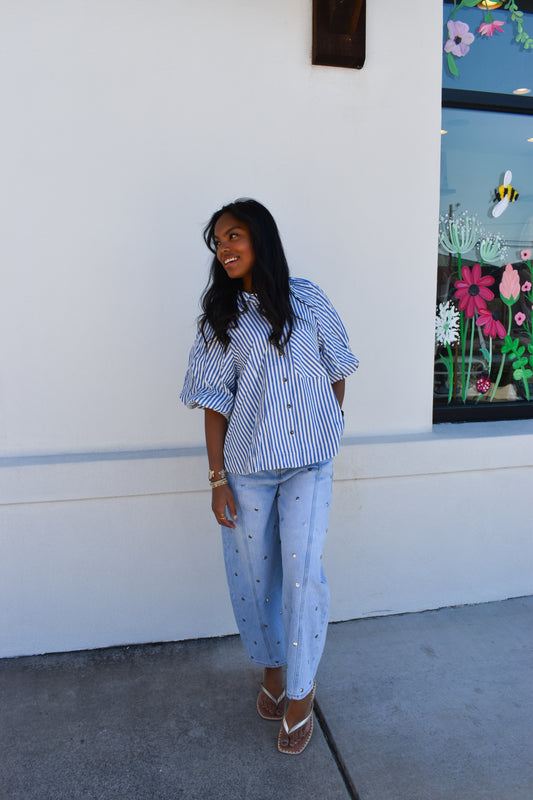 Stripe Bubble Sleeve Button Down Top