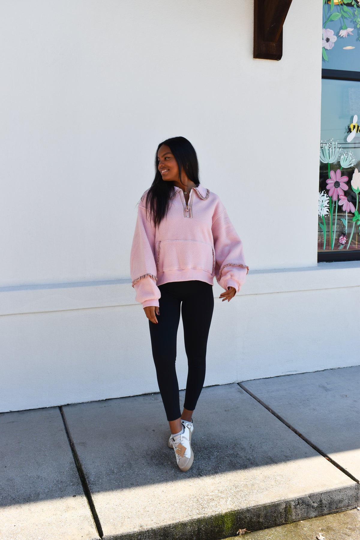 Gingham Fleece Collared Pullover: Pink