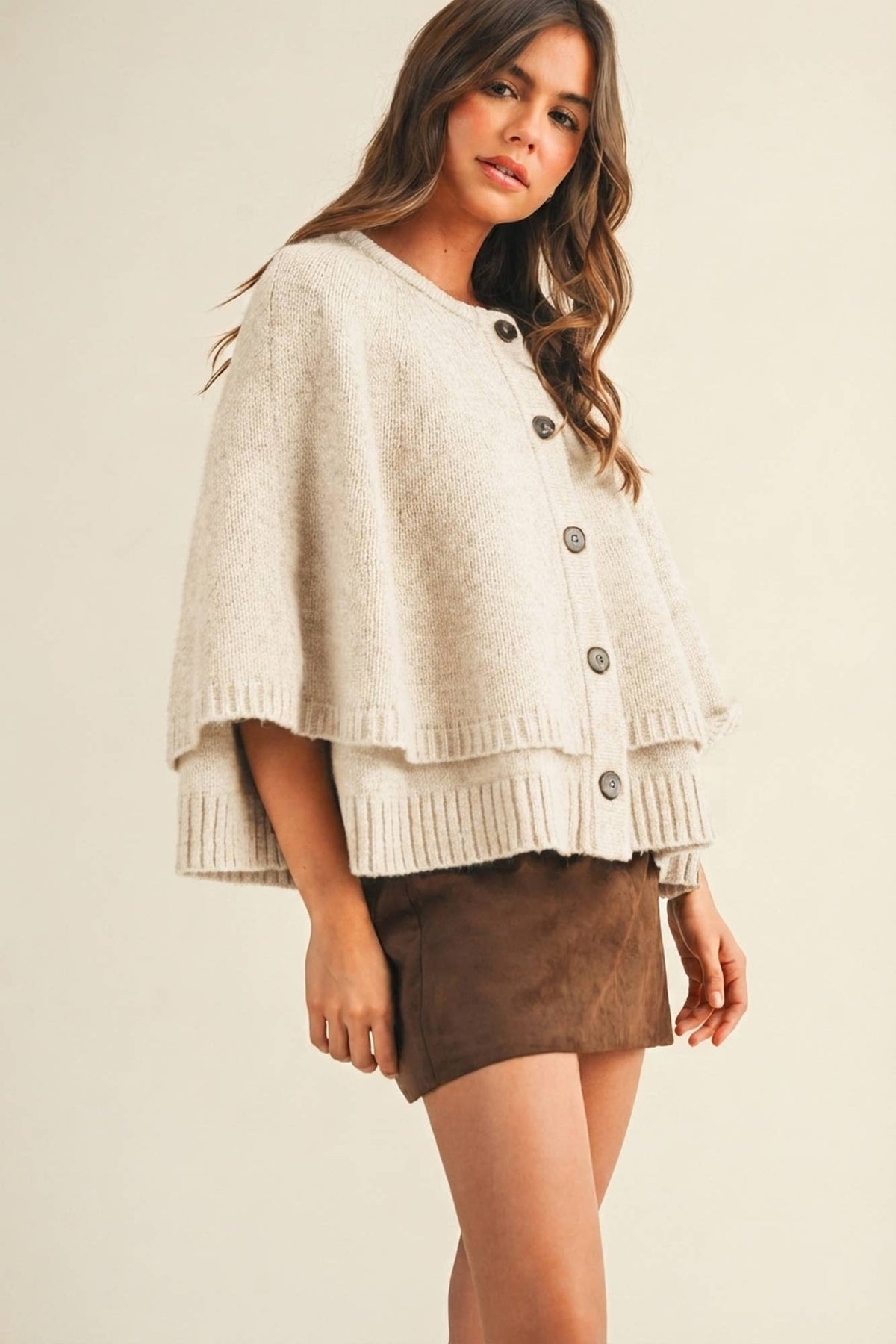 Button Front Tiered Knit Capelet