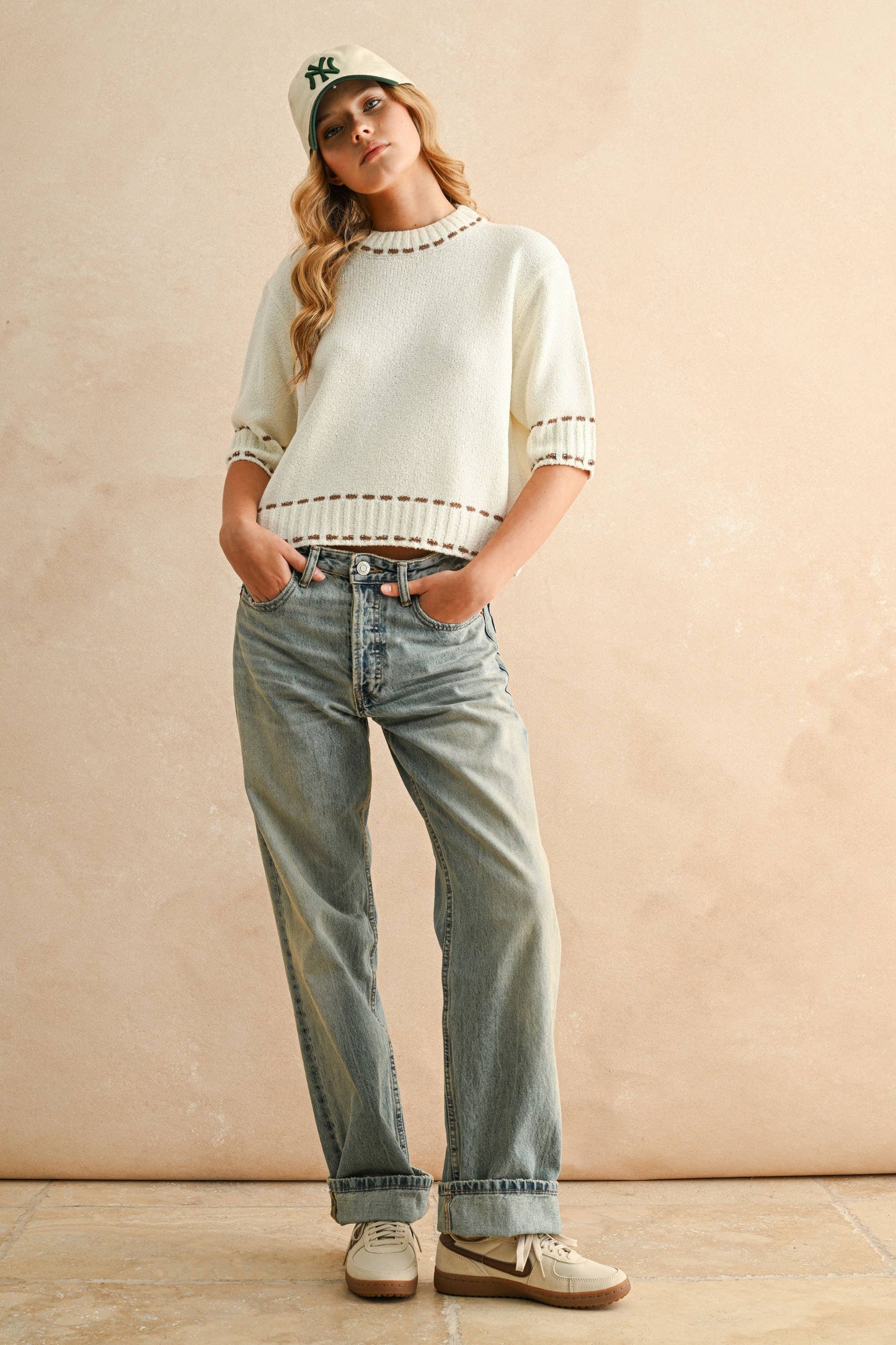 Stitch Effect Short Sleeve Top