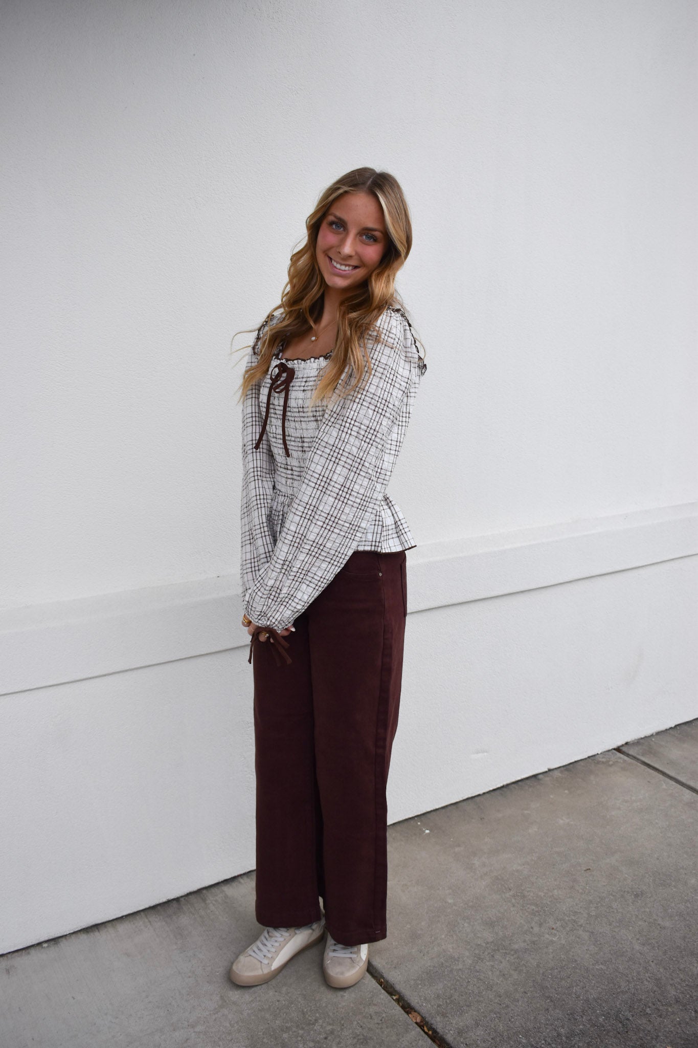 Plaid Smocked Babydoll Blouse